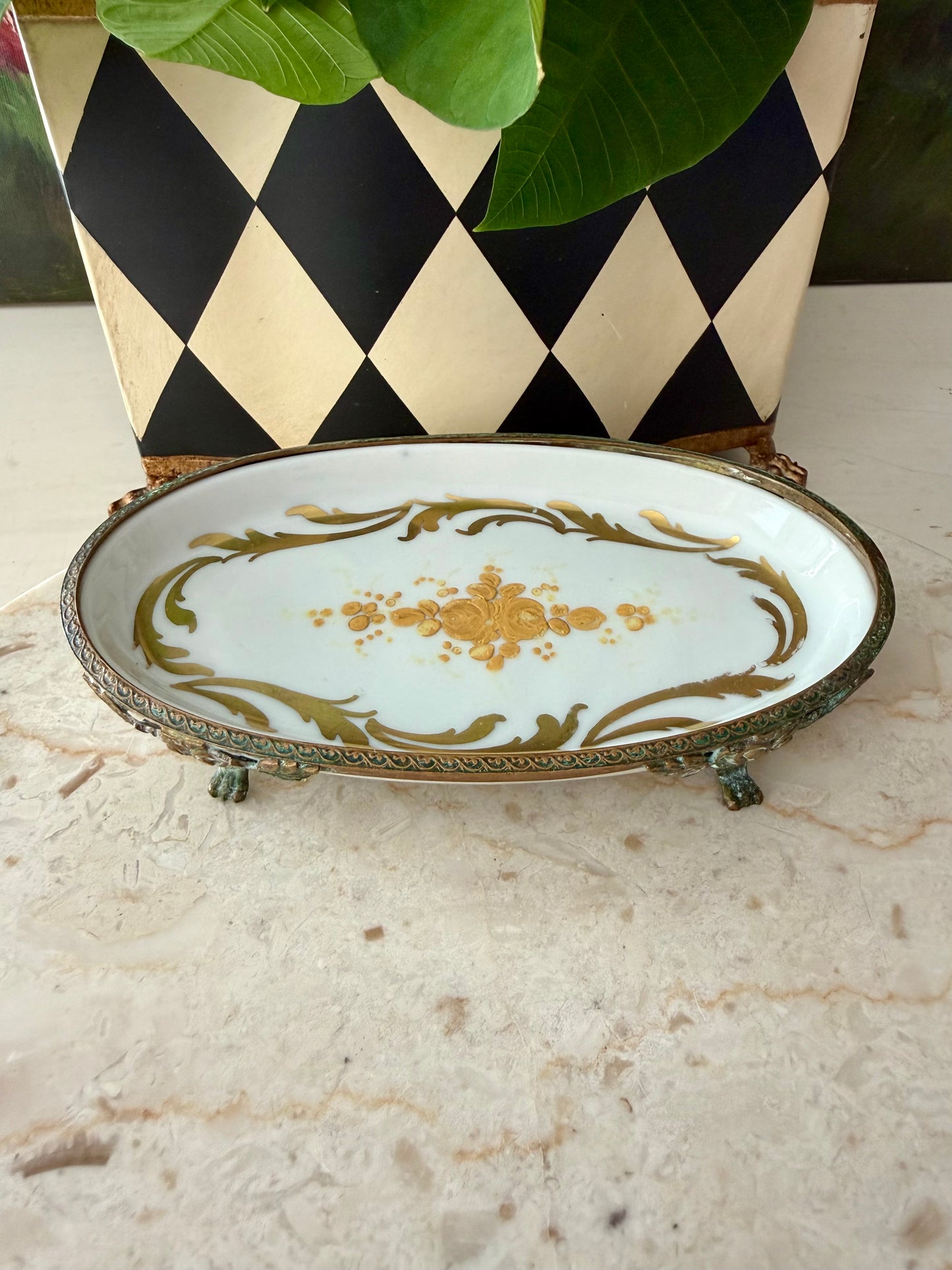 Antique Sévres Style Brass Footed and Hand-painted Oval Porcelain Decorative Soap Dish - Made in France