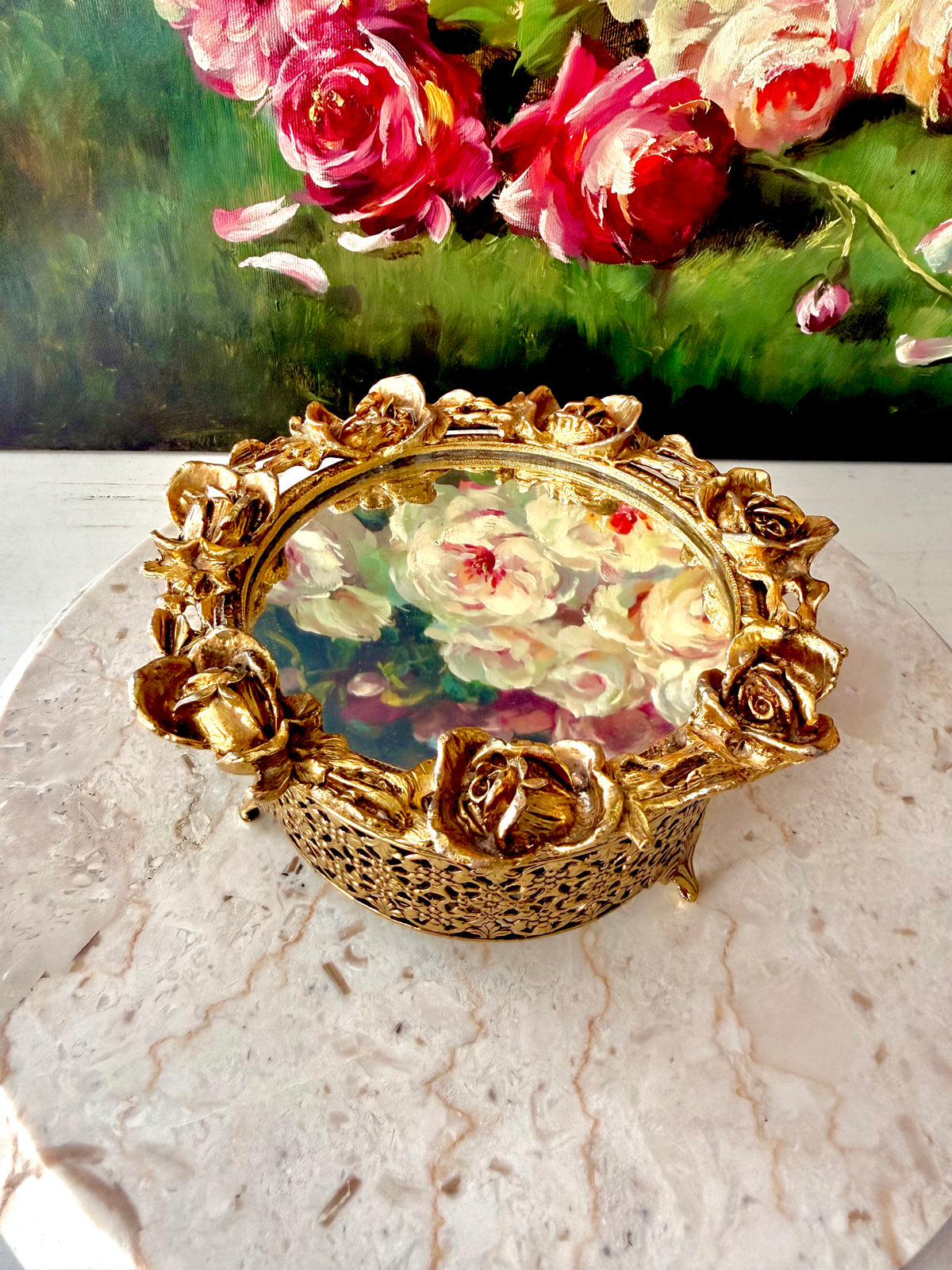 1960s Hollywood Regency Vintage 24K Gold-plated Ormolu Filigree with Mirrored Glass and Rose Motifs Trinket Box or Powder Jar