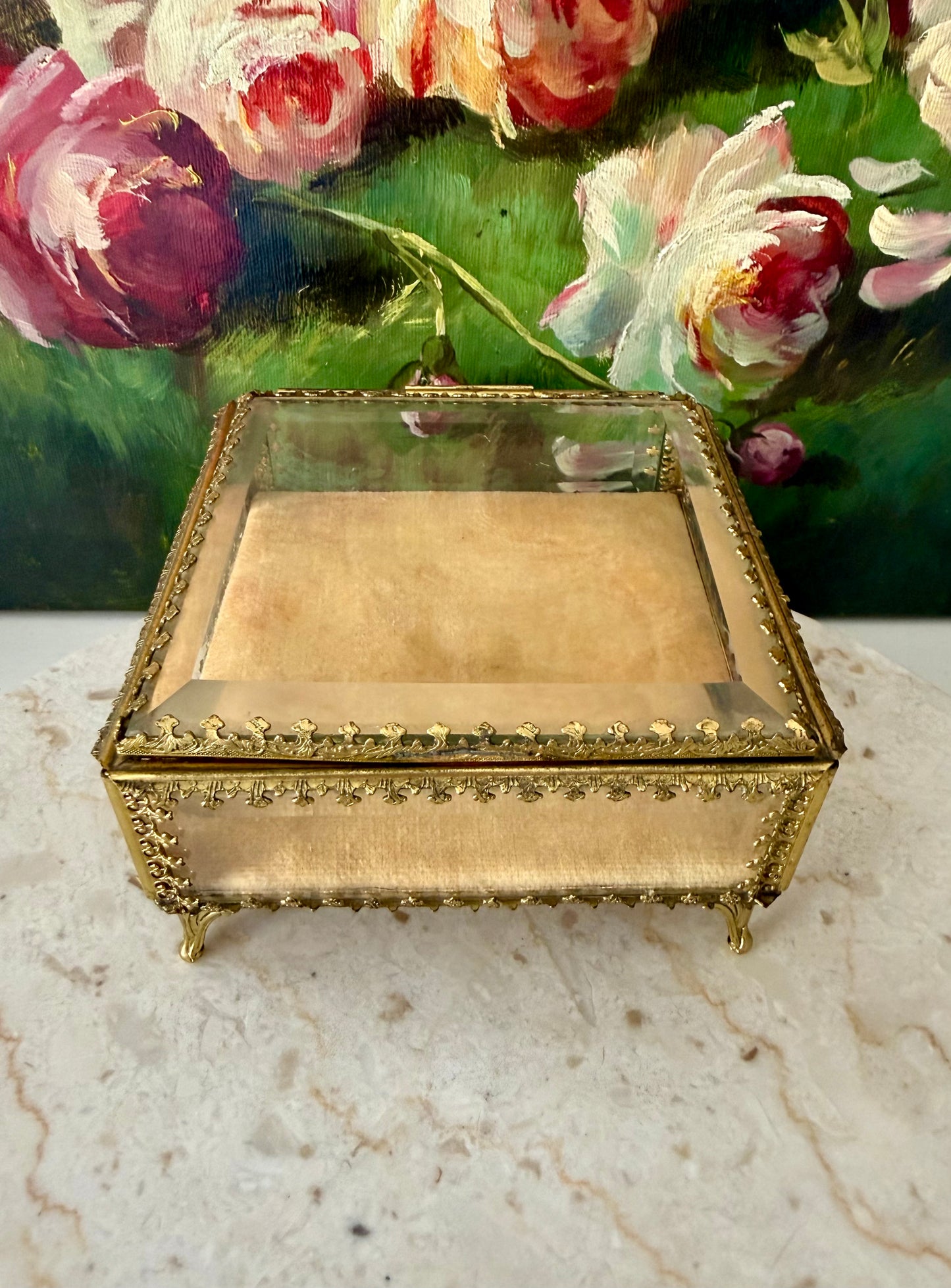 French Style Beveled Glass Vintage Brass Footed Jewelry Casket or Trinket Box from the 1950s