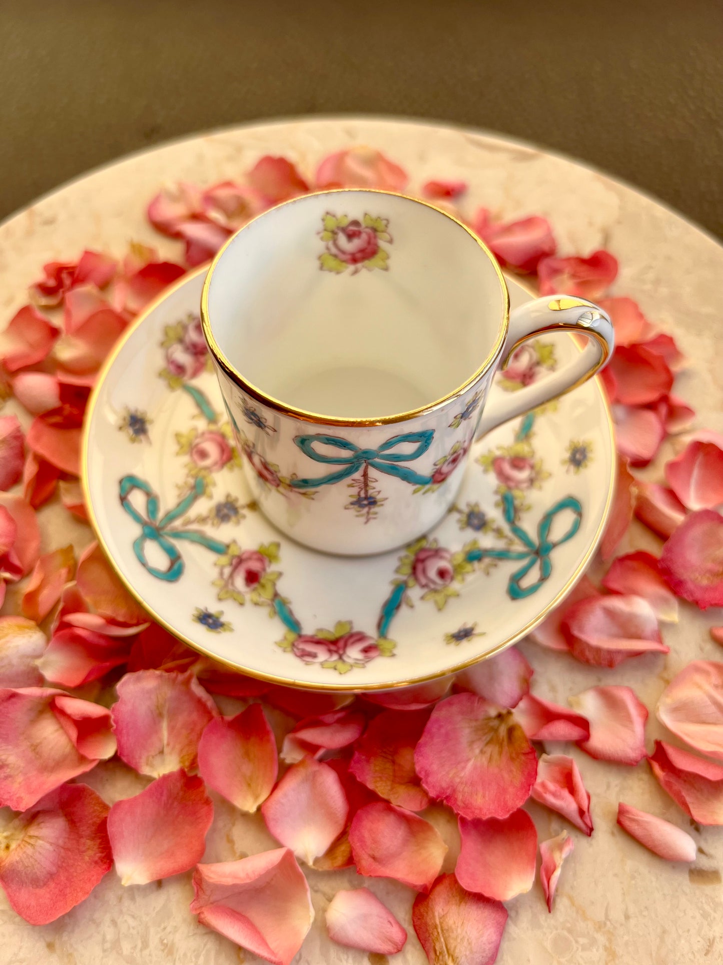 Crown Staffordshire Bright Blue Enameled Ribbon and Looped Bows Pattern Coffee Cup and Saucer from 1940-50's