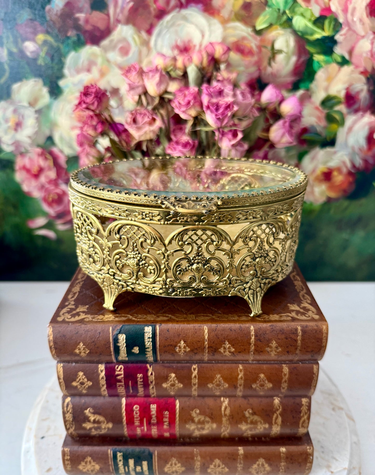 Matson Style Vintage Gold-plated and Glass Hollywood Regency Oval Ormolu Brass Jewelry/ Trinket Box