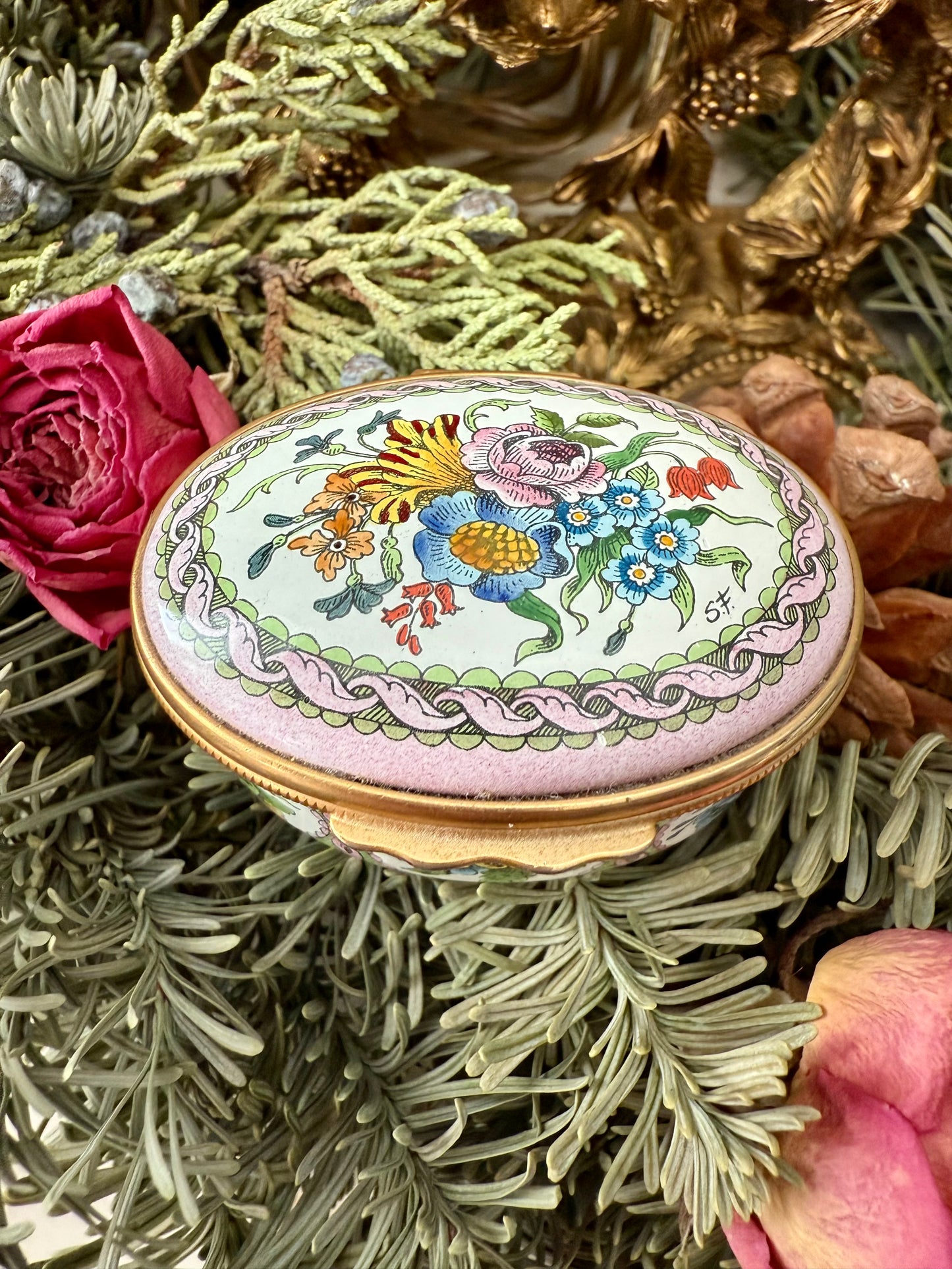 Halcyon Days Vintage Hand-Painted Enamel Floral Jewelry or Trinket Box, Made in England
