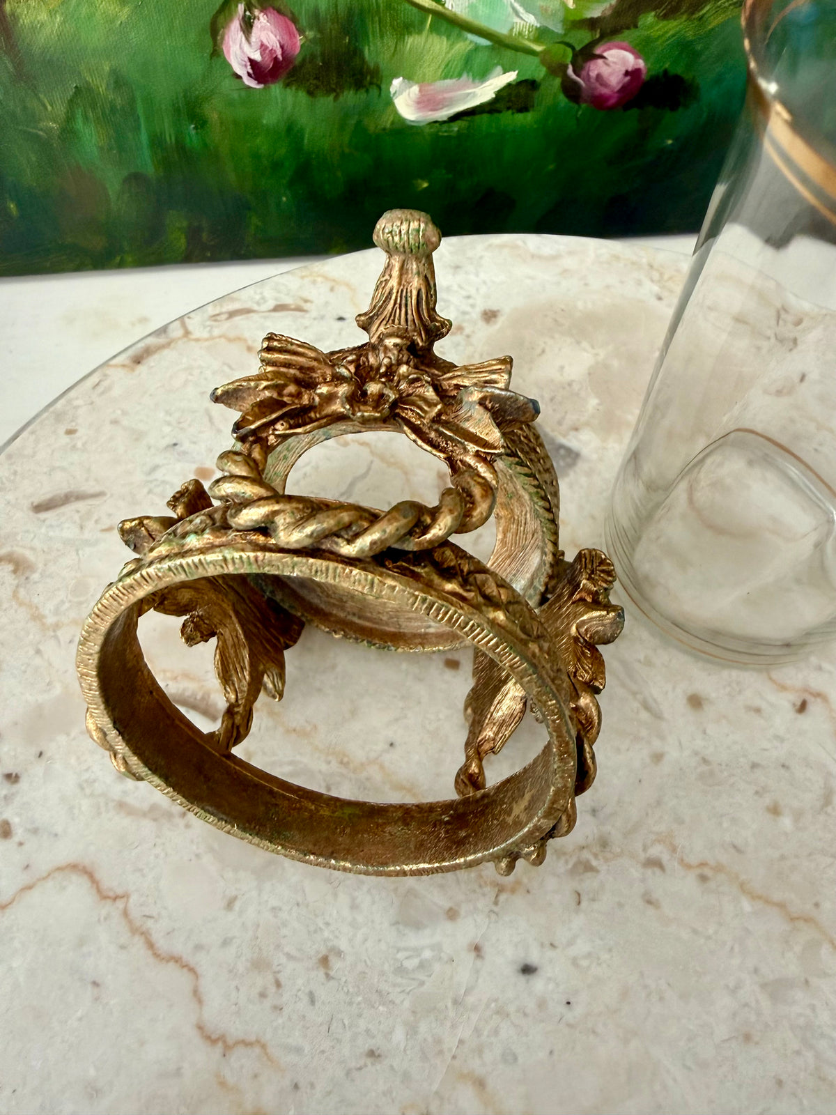 Vintage Hollywood Regency Italian Style Gold-plated Brass Ornate Floral Tumbler Stand with Glass Vase