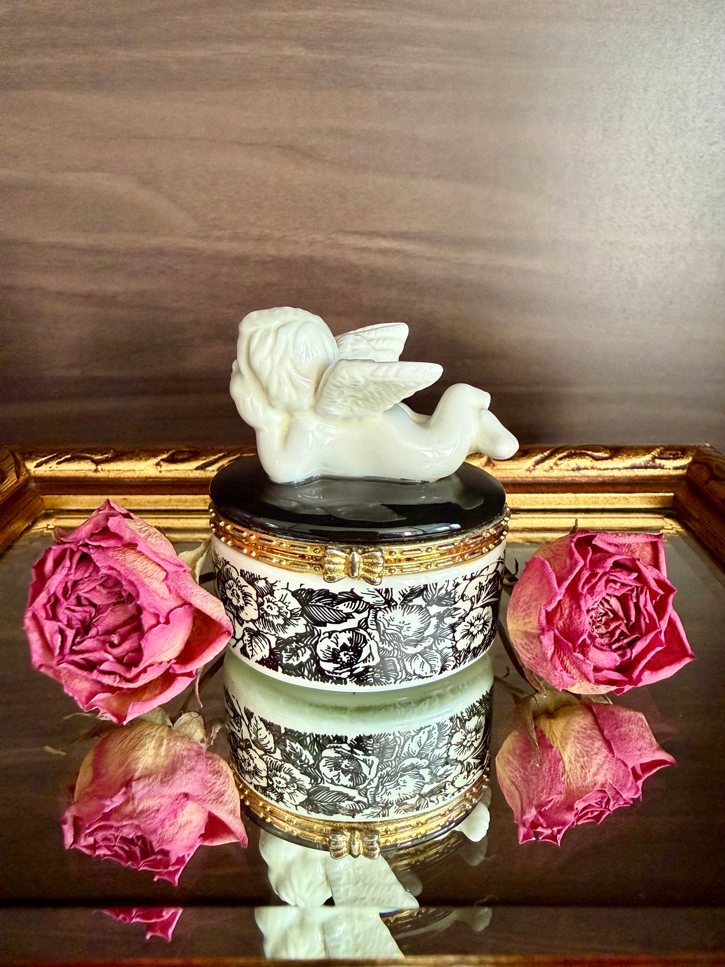 Angel Cherub Black and White Porcelain Vintage Mini Hinged Jewelry, Pill or Trinket Box