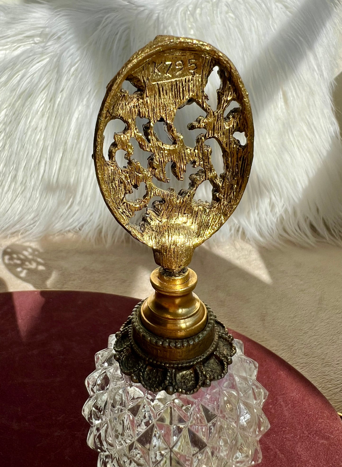 MATSON Style Ormolu Diamond Cut Glass Footed Perfume Bottle Gilt Brass With Dogwood Floral Stopper