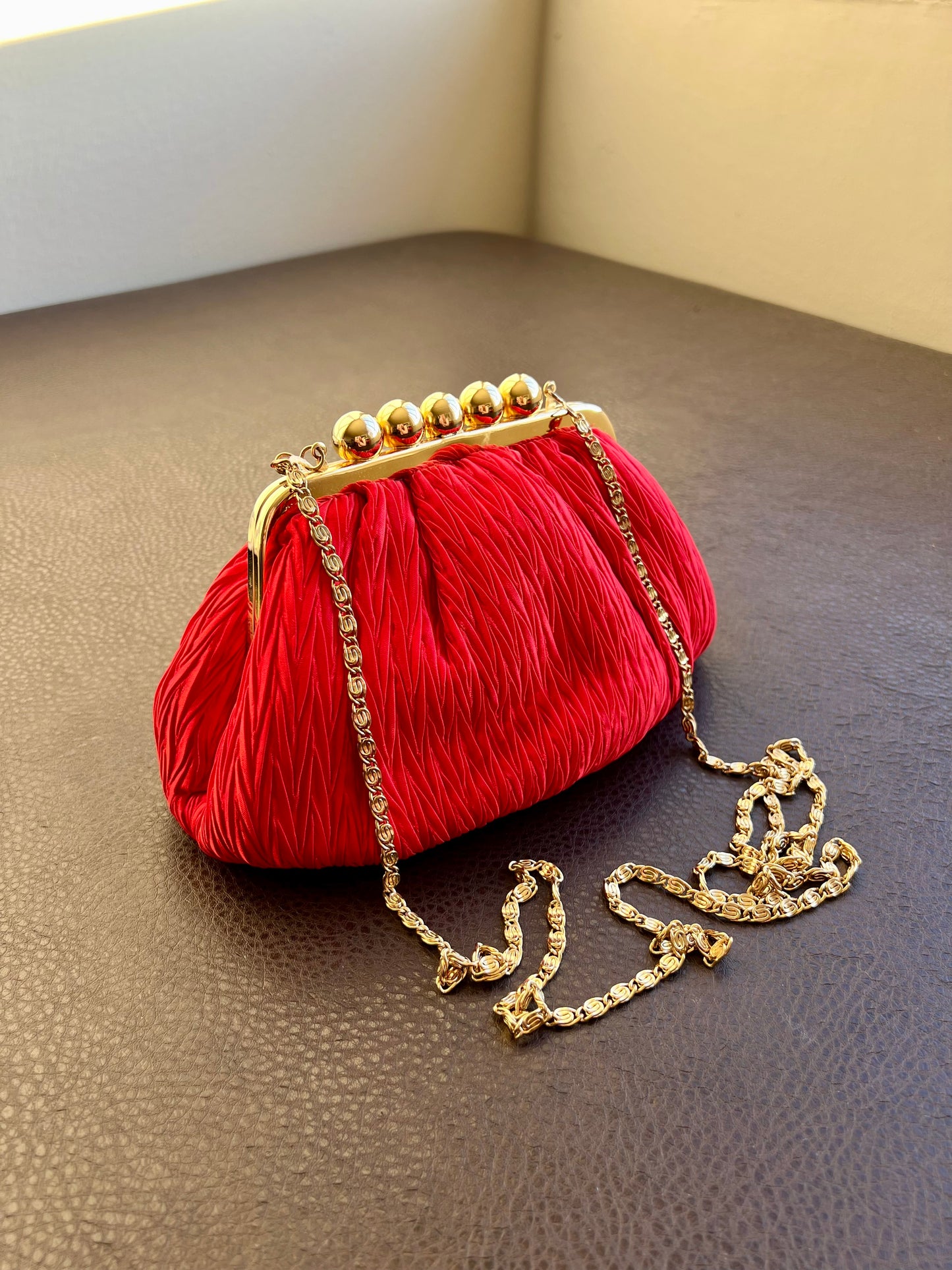 Crossbody Clutch, Robinsons Vintage Red Evening Purse, Handbag (1980s, 1990s) Pleated Satin