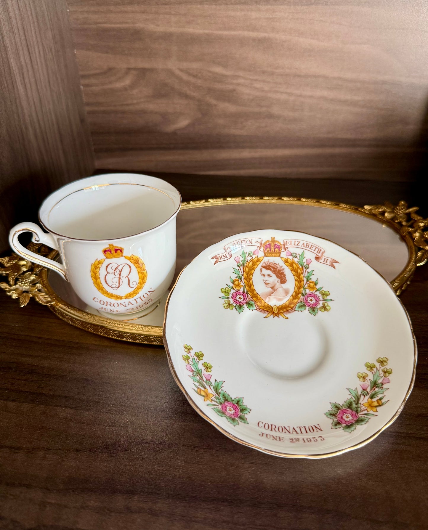 Coronation 1953 H.M. Queen Elizabeth Vintage Tuscan Bone China Roses Tea cup and Saucer, Numbered