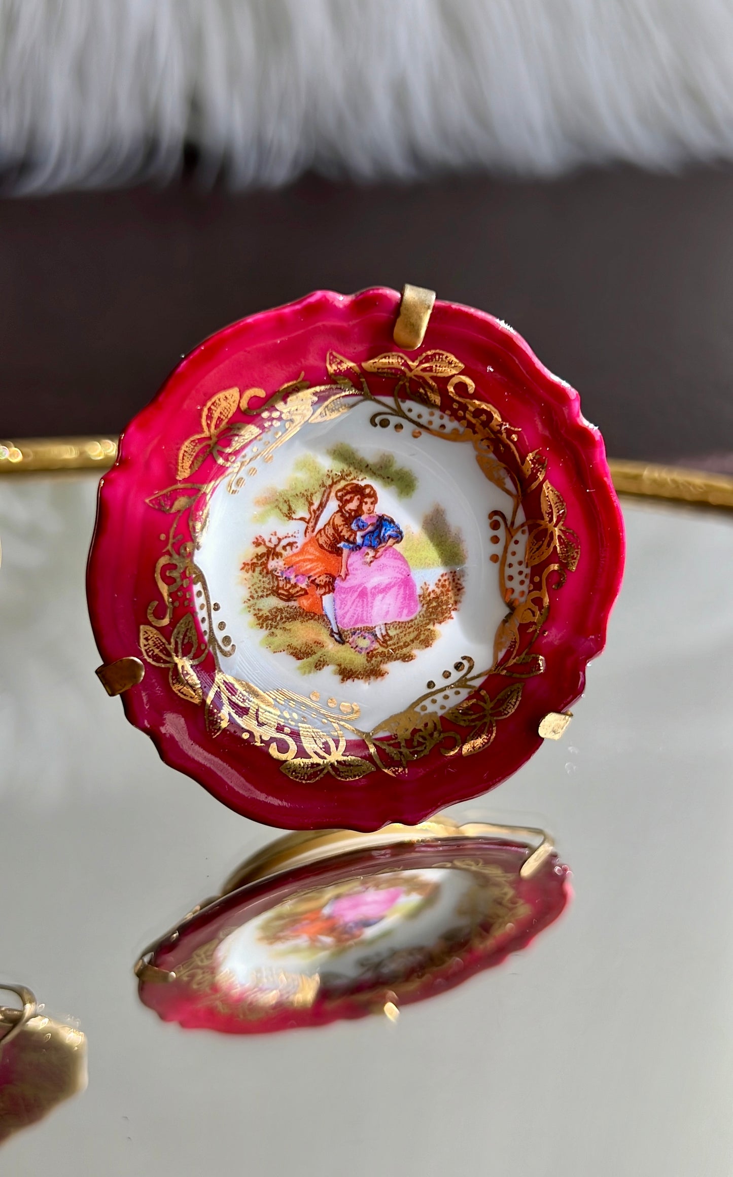 Limoges Vintage Miniature Porcelain Pink Rimmed Plate with Victorian Courting Couple (I have already sold the small plate)