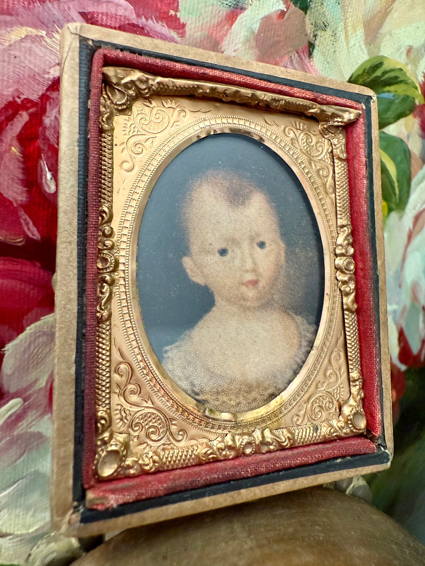 Vintage/ Antique Miniature Golden Wooden Frame with Print Portrait of a Baby