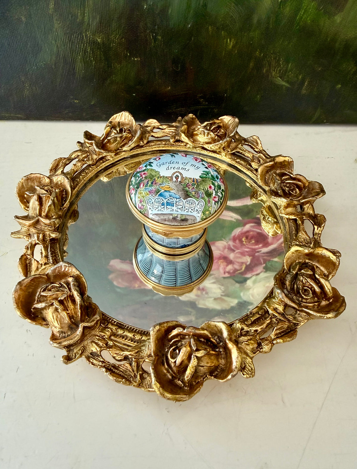 1980s Halcyon Days "GARDEN OF MY DREAMS" Vintage Enamel Trinket Box Bask, Jewelry or Pill Box - Made in England