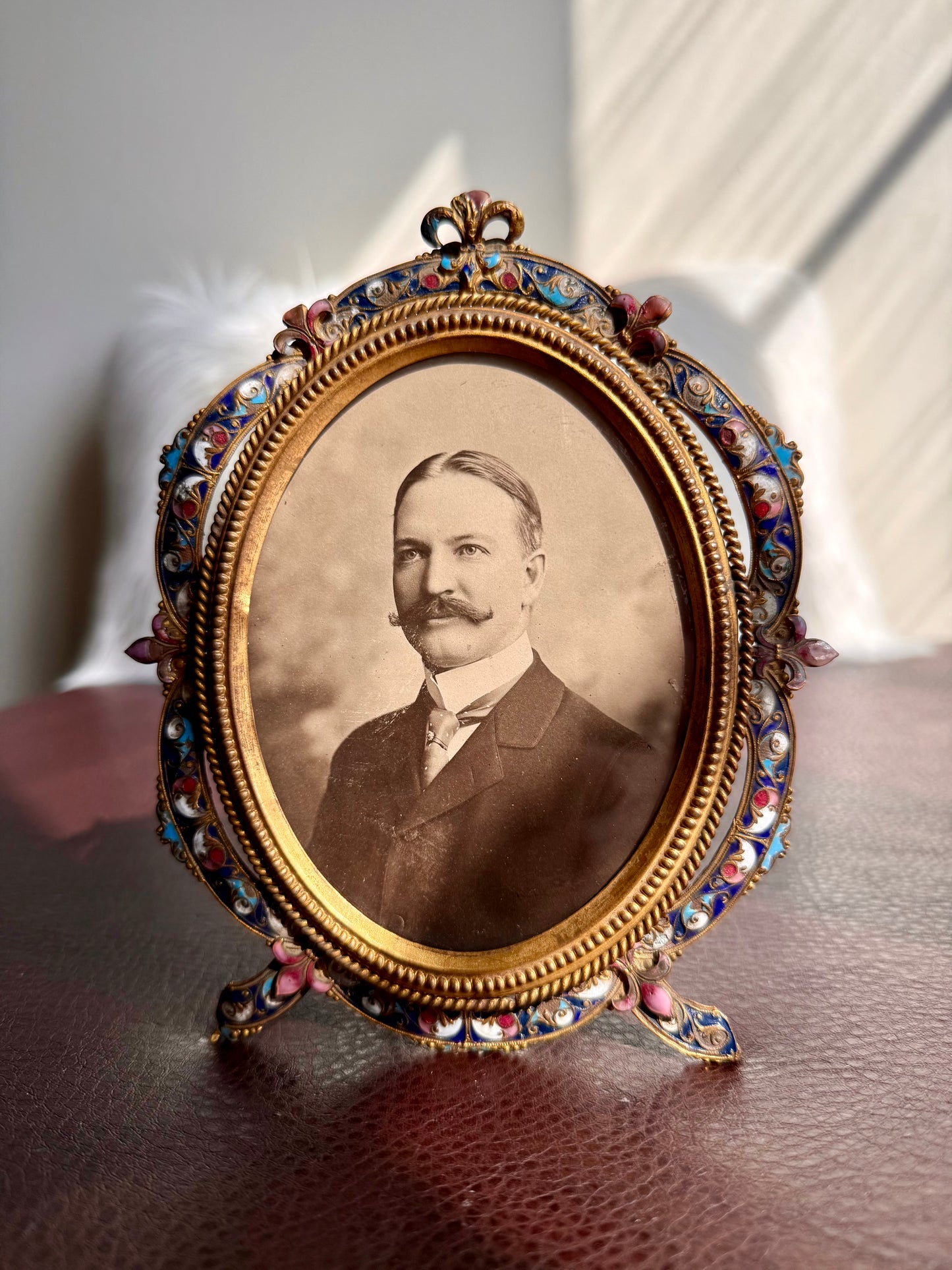 Antique French Style Colorful Enamel Bronze Photo Frame with Black and White Picture of a Gentleman from 19th Century