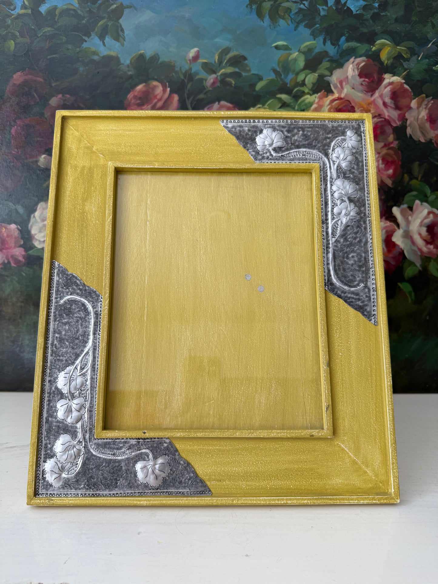 Vintage Mustard Yellow Wooden Picture/ Photo Frame with Metal Floral Decoration on the Corners