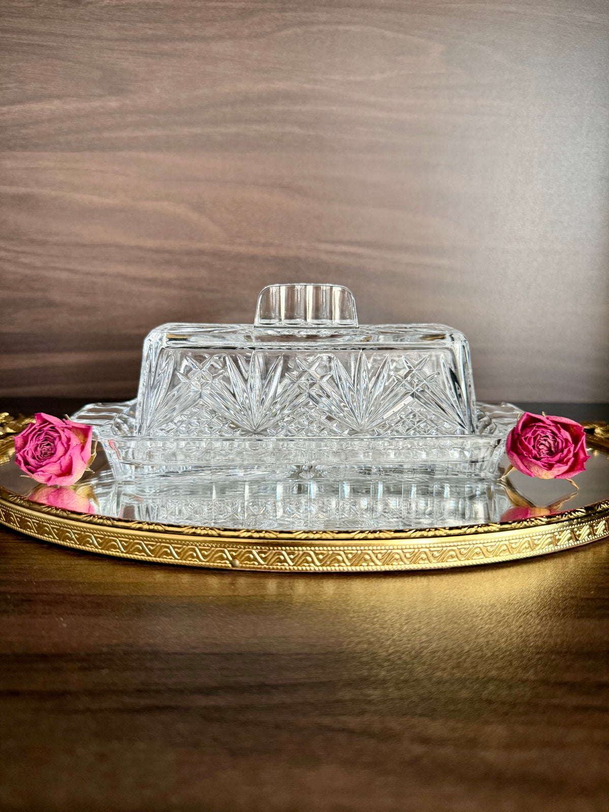 Vintage Cut Crystal Glass Butter Dish with a "Cherrywood Clear" Style Pattern