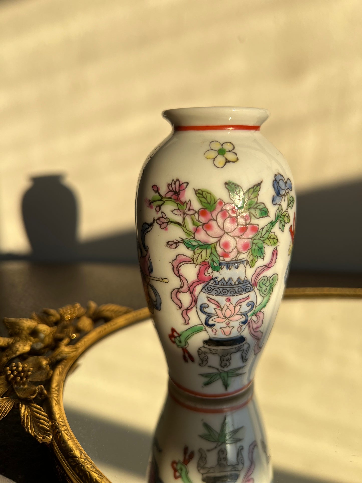 Vintage Miniature Chinese Porcelain Famille Rose Elegant Hand-painted Vase with Floral Decoration