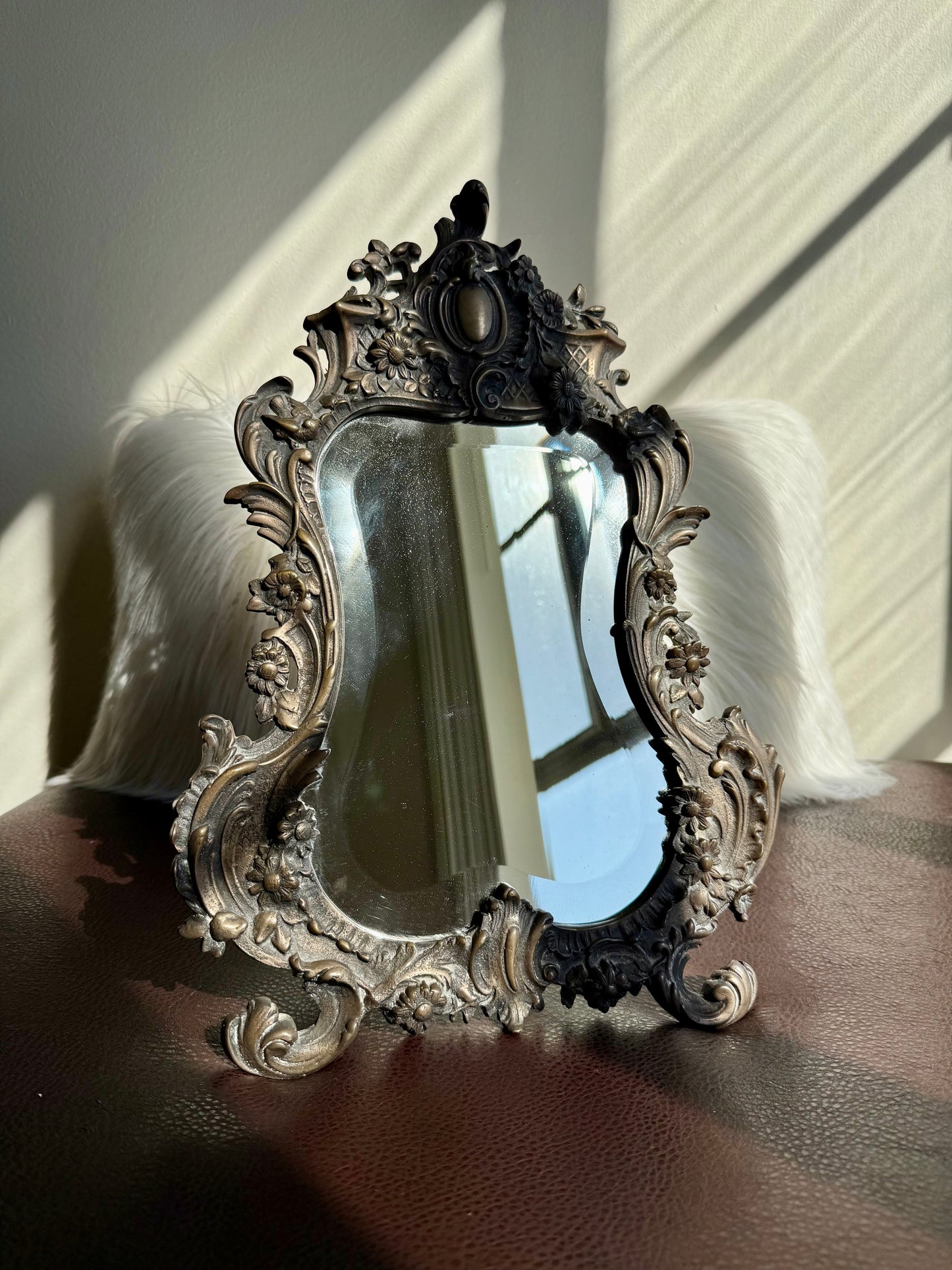 Antique Bronze Rococo Style French Big Table and Makeup Mirror from the 19th or Early 20th Century