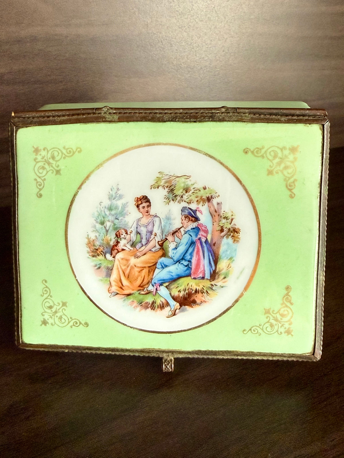 Antique European French Style Green Porcelain Jewelry or Trinket Hinged Box