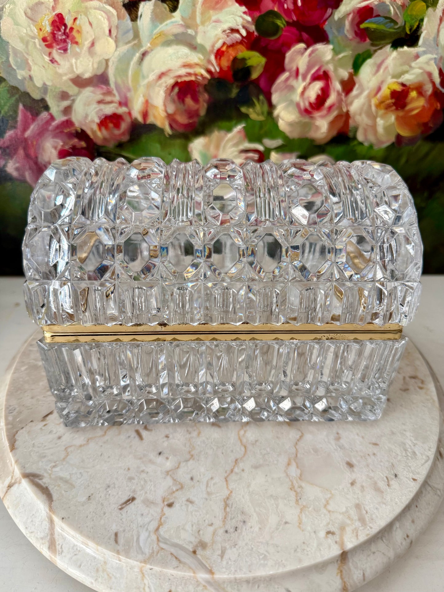 1960s Baccarat Style Heavy Cut Crystal Large Lidded Vintage Jewelry or Trinket Box/ Casket with Brass Frame