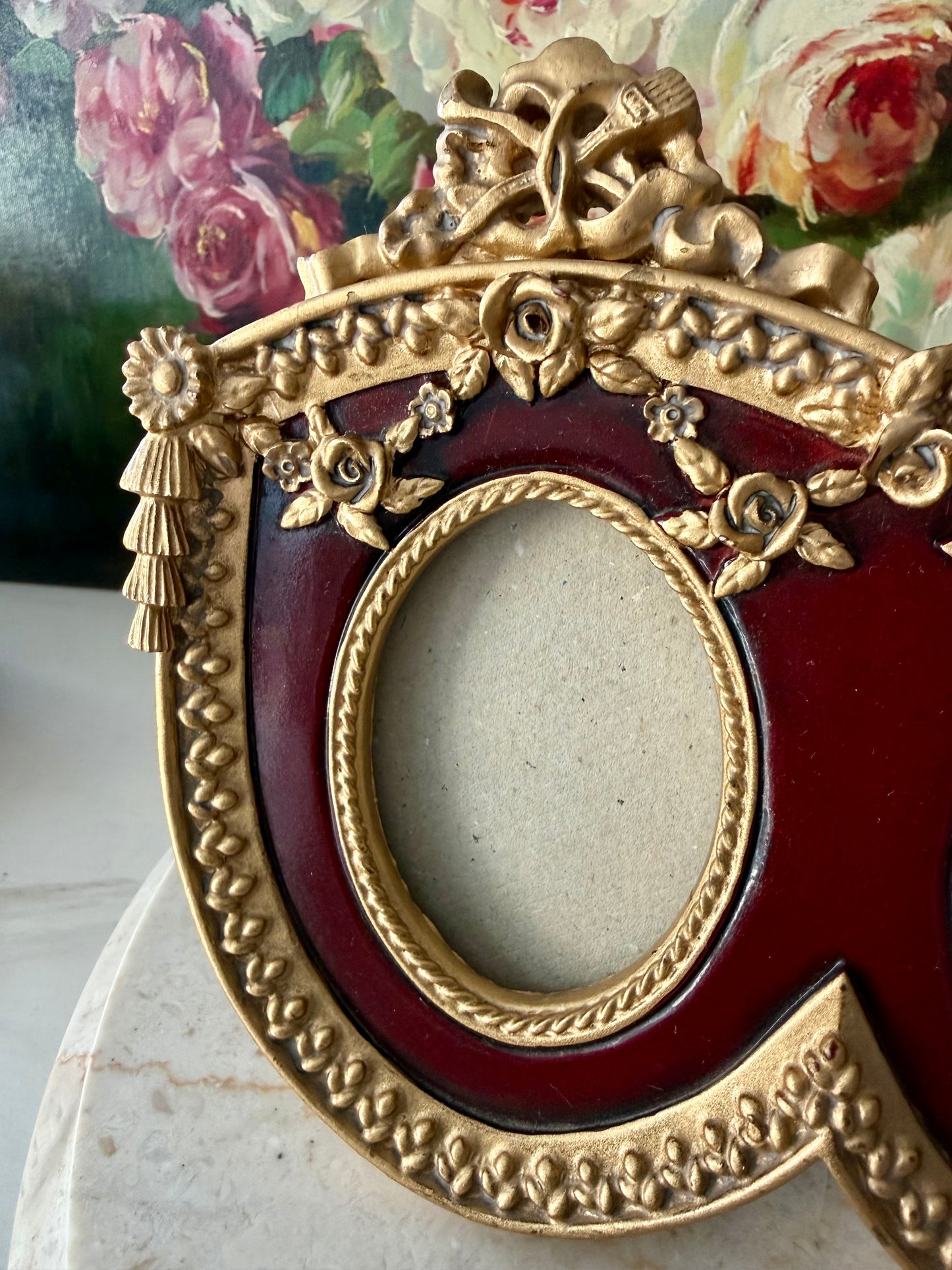 French Baroque Style Vintage Gold And Burgundy Oval Double Photo Frame (NOT Brass)