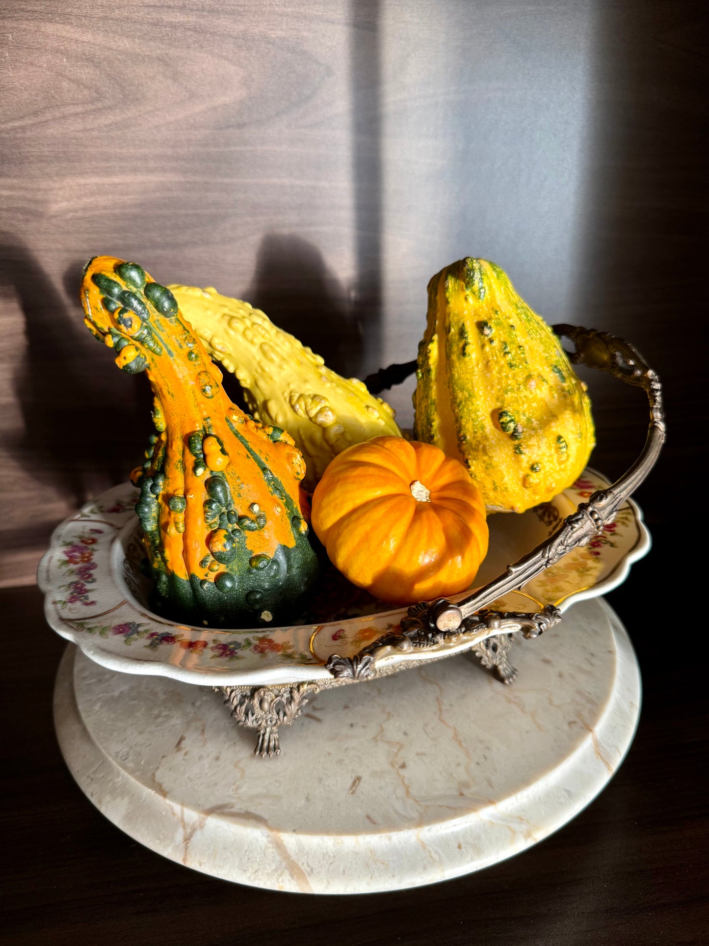 Porcelain Oval Crackle Glazed Vintage Basket Serving Dish with Decorative Bronze Handle, Floral Design and four Legs