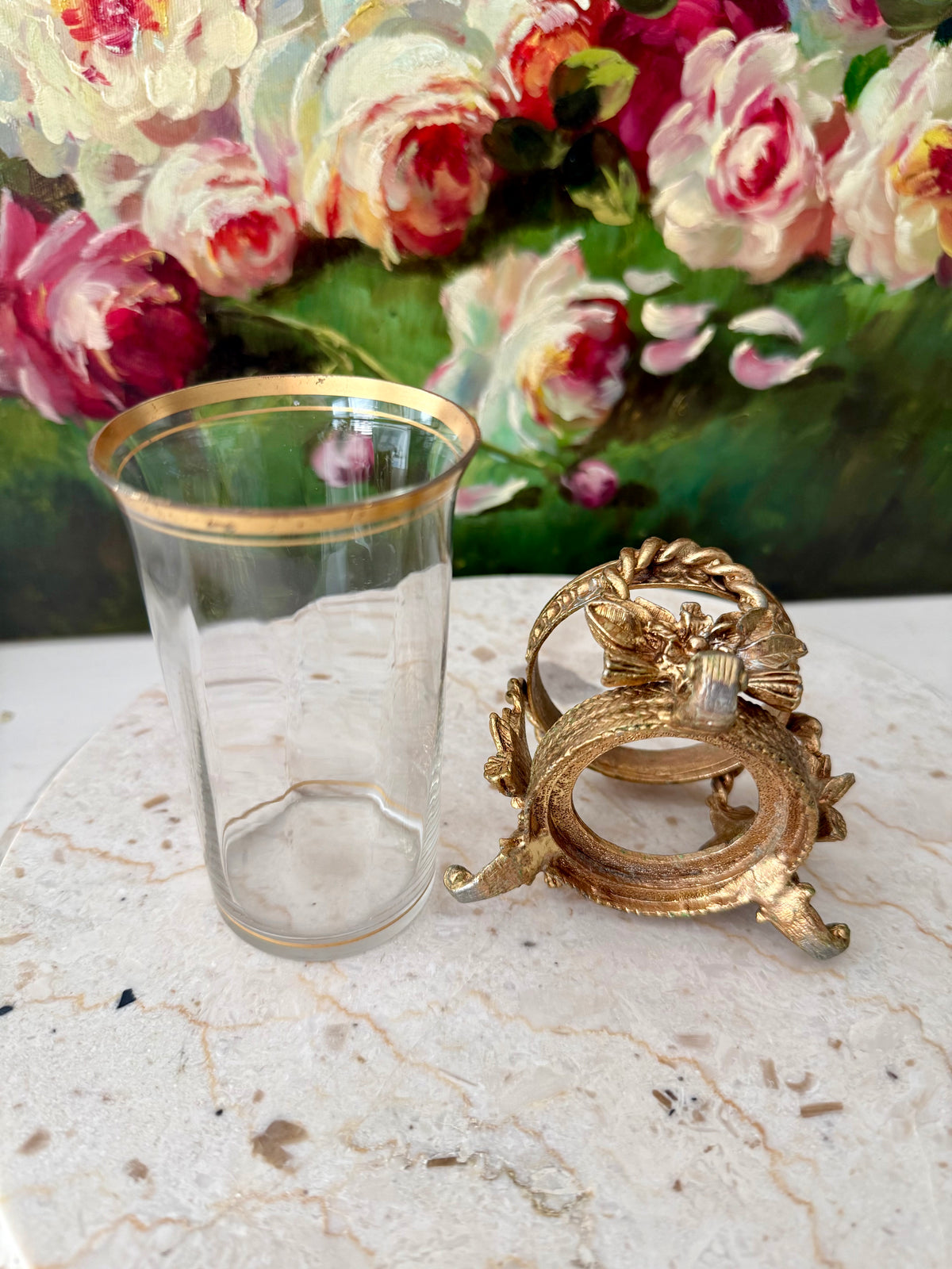 Vintage Hollywood Regency Italian Style Gold-plated Brass Ornate Floral Tumbler Stand with Glass Vase