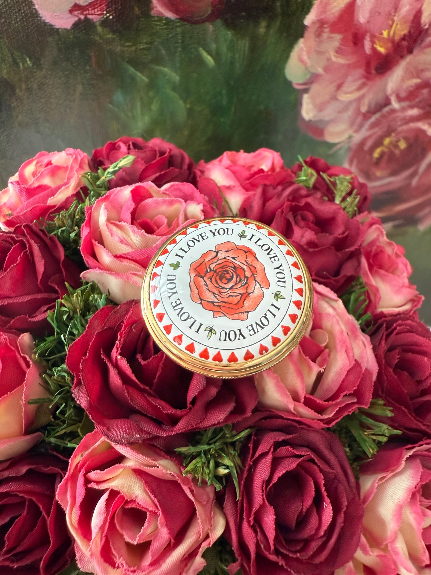 Halcyon Days Mini Enamels “I Love You” Rose Flower Hearts Leaves Trinket or Jewelry/ Pill box