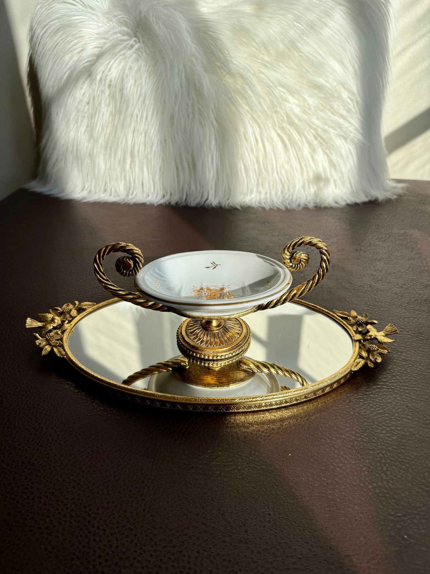 Vintage Victorian Style Porcelain Oval Soap Dish with Gilded Brass Handles