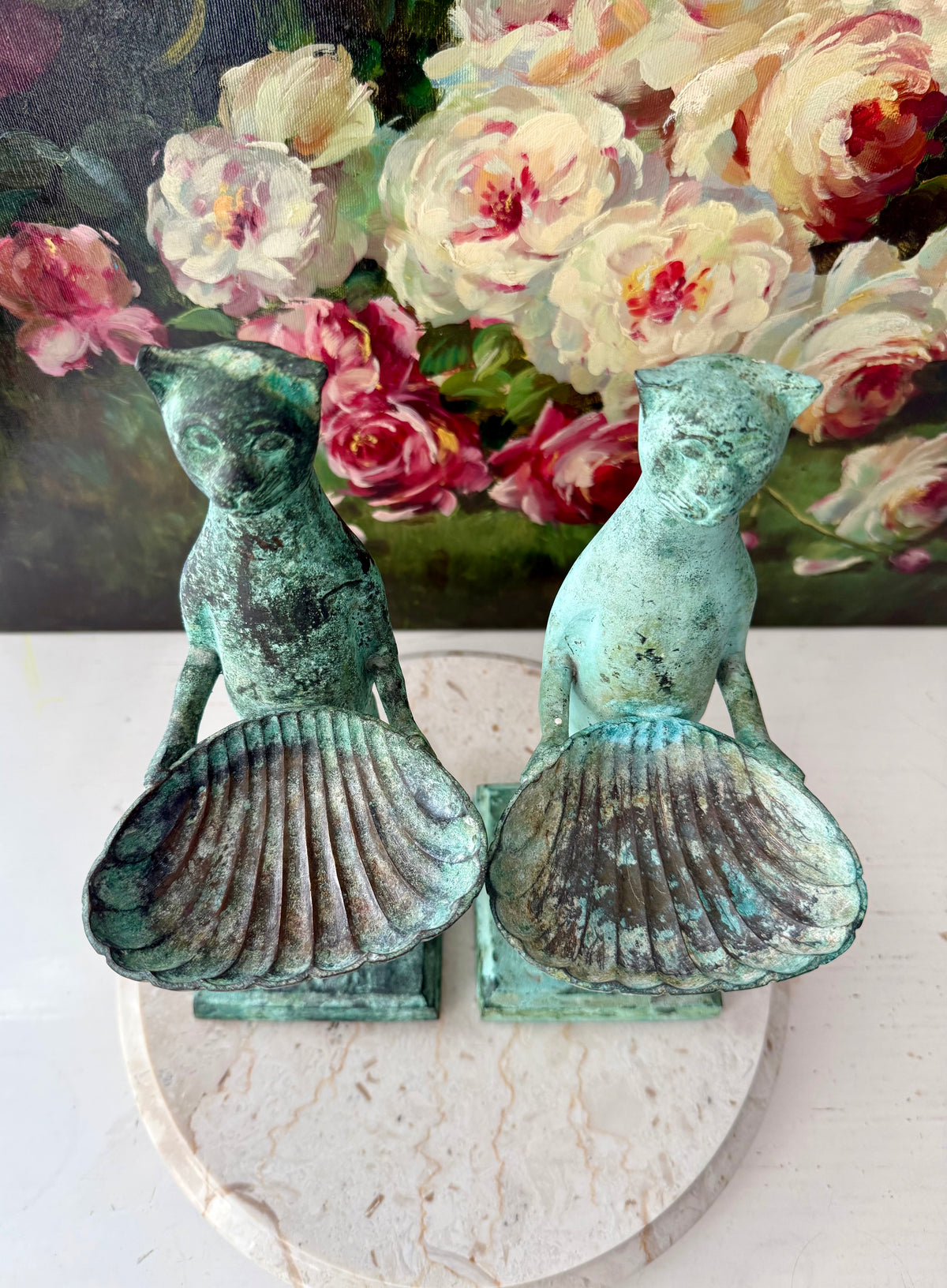 Antique Diego Giacometti-Style Patinated Bronze "Cat Butler" Statues, often used as Soap Dishes, Business Card Holders, or Trinket Trays - This price applies to a single item only!