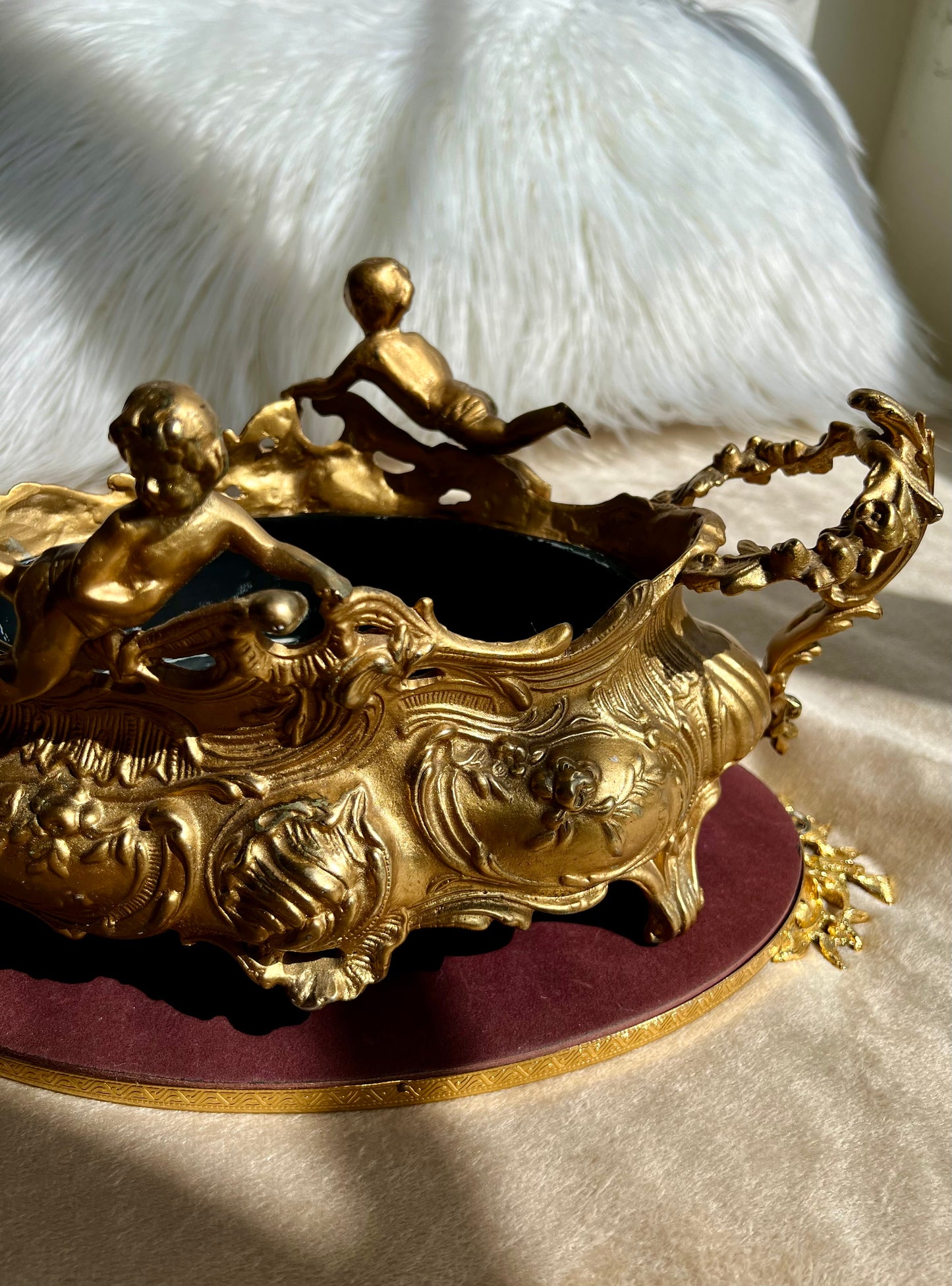 French Art Nouveau Vintage Brass Jardiniere Planter With Two Cherubs