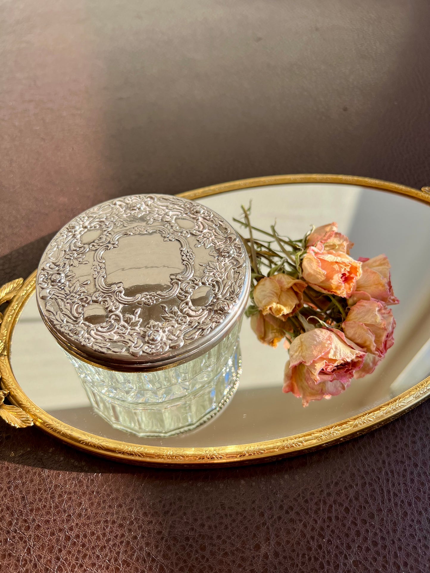 Vintage GODINGER Glass Powder Jar Ornate with Heavy Silver-plated Lid on the Top & Mirror