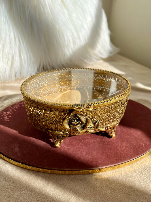 New York StyleBuilt Vintage Jewelry or Trinket Box, Oval Shaped Glass Lid with Ornate Gold Rose