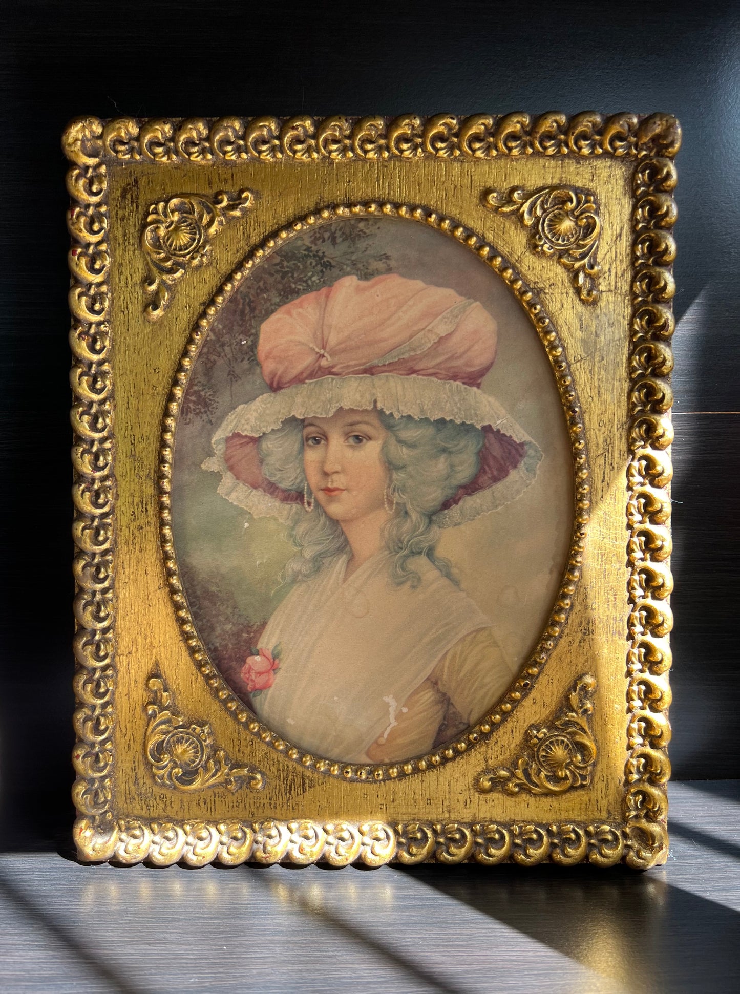 Vintage Gilded Wooden Framed Art, French Paper Portrait of a Victorian Lady with Hat