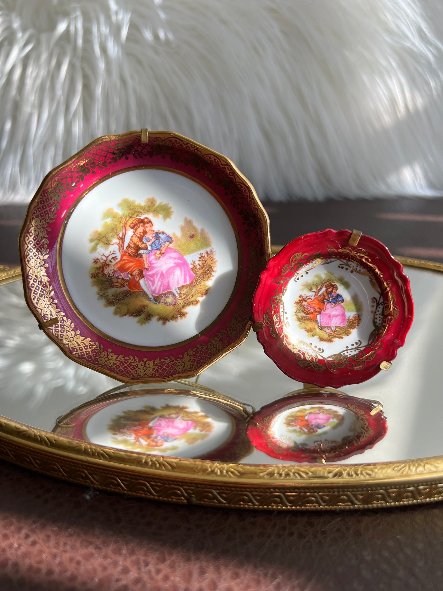 Limoges Vintage Miniature Porcelain Pink Rimmed Plate with Victorian Courting Couple (I have already sold the small plate)