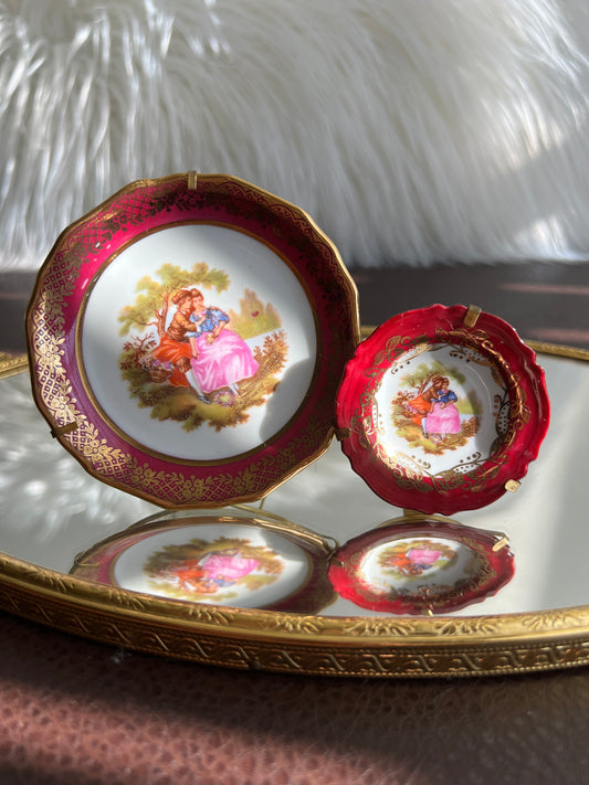 Limoges Vintage Miniature Porcelain Pink Rimmed Plates with Victorian Courting Couple (2 pcs)