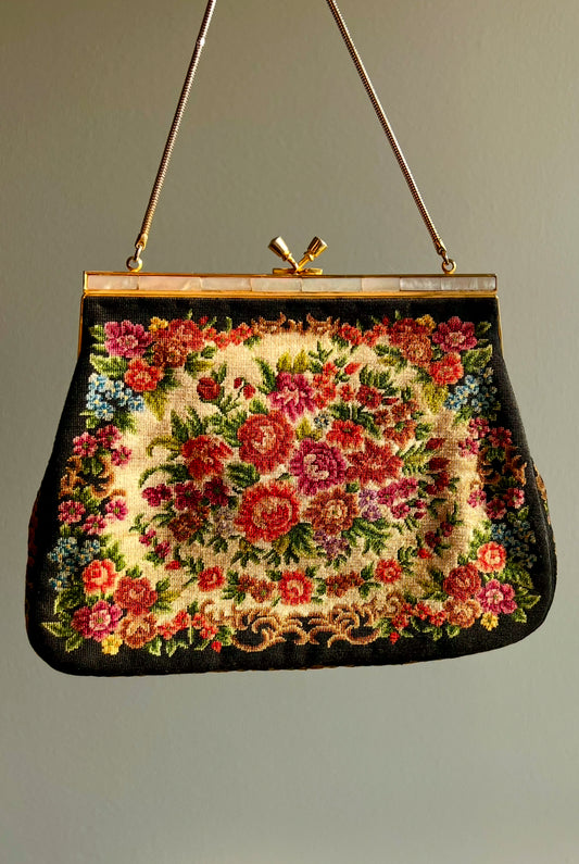 Tapestry Vintage Handbag/ Purse with Floral Rose Decoration and Mother of Pearl Edge, Burgundy Satin Inside