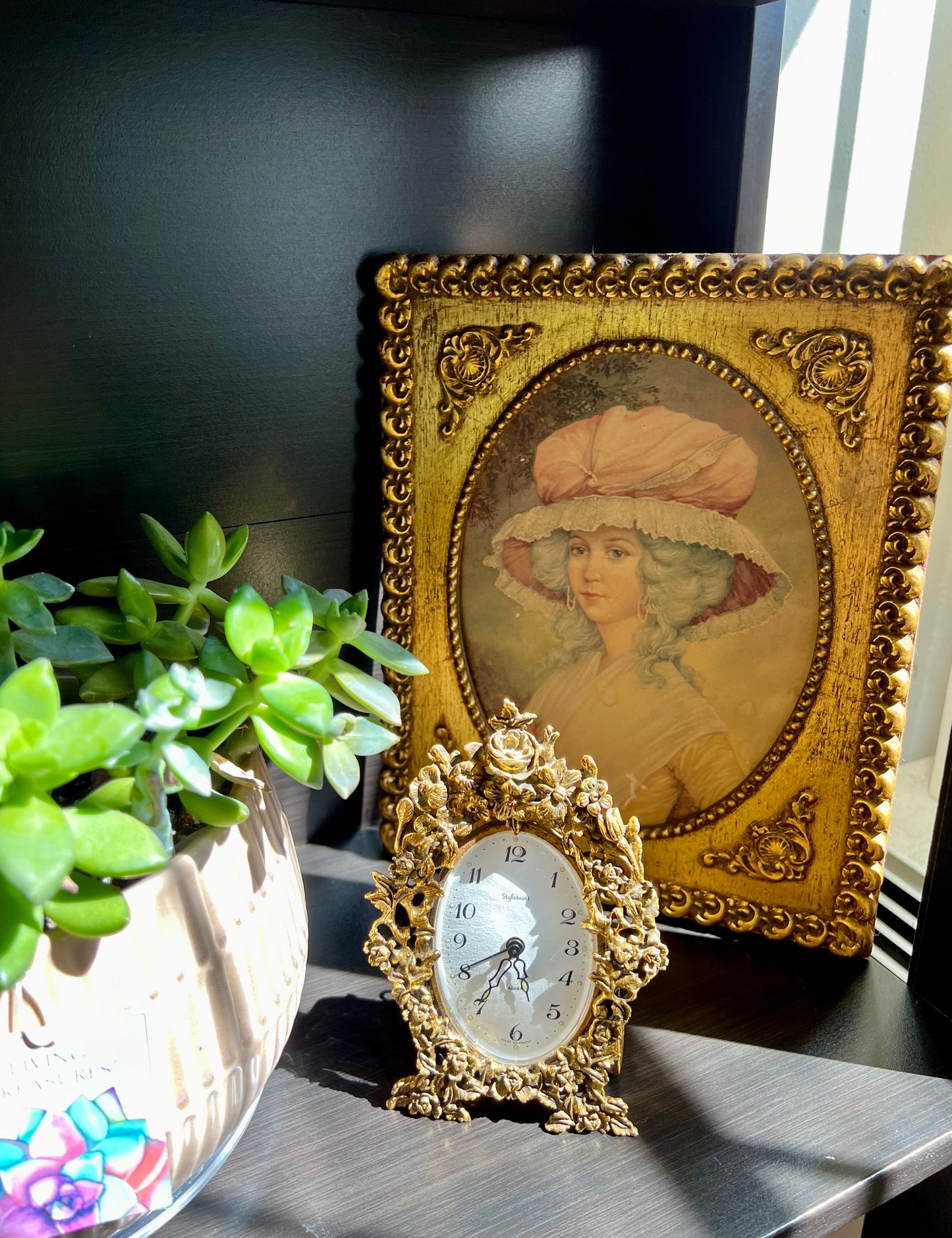 Vintage Gilded Wooden Framed Art, French Paper Portrait of a Victorian Lady with Hat