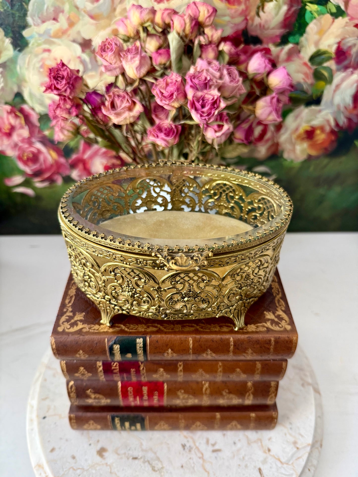 Matson Style Vintage Gold-plated and Glass Hollywood Regency Oval Ormolu Brass Jewelry/ Trinket Box