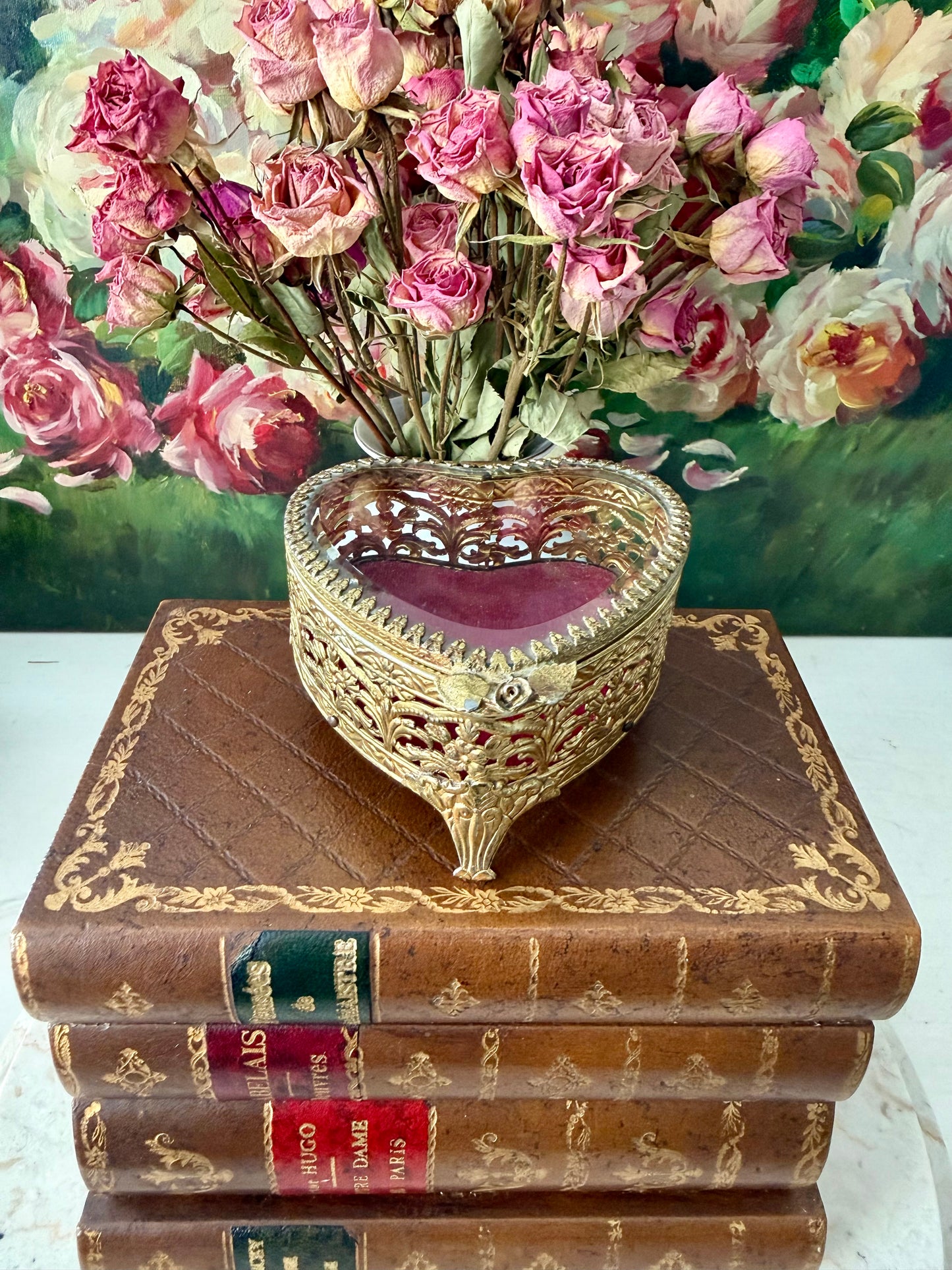 Antique French Style Gold-plated Ormolu Filigree Heart-shaped Trinket or Jewelry Box with a Plush Red Velvet Lining