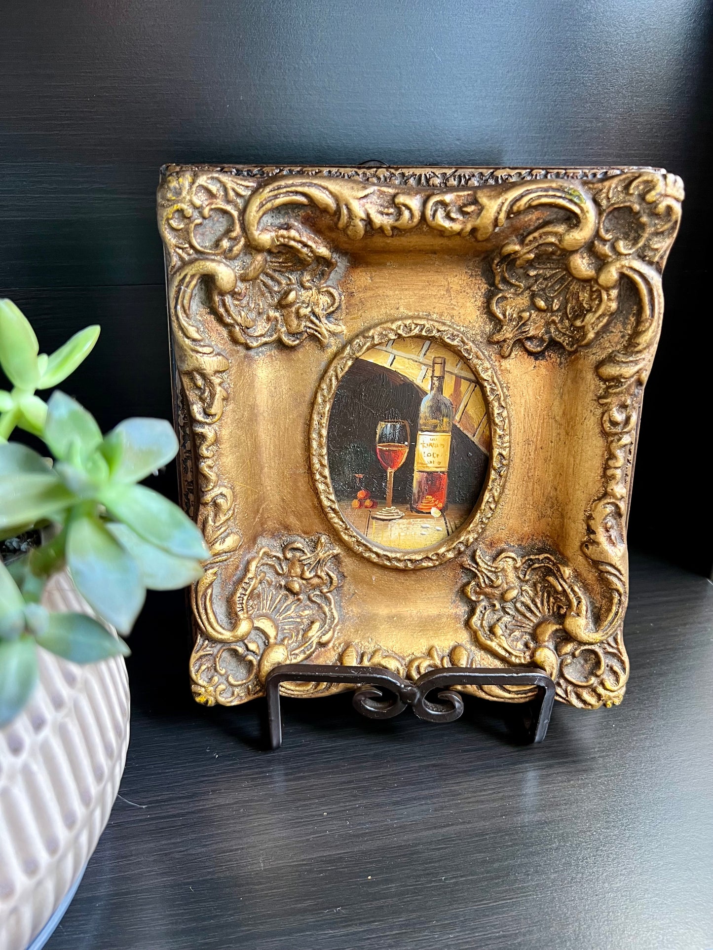 Glass and a Bottle of Wine Vintage Mini Oil Painting with Gilded Frame