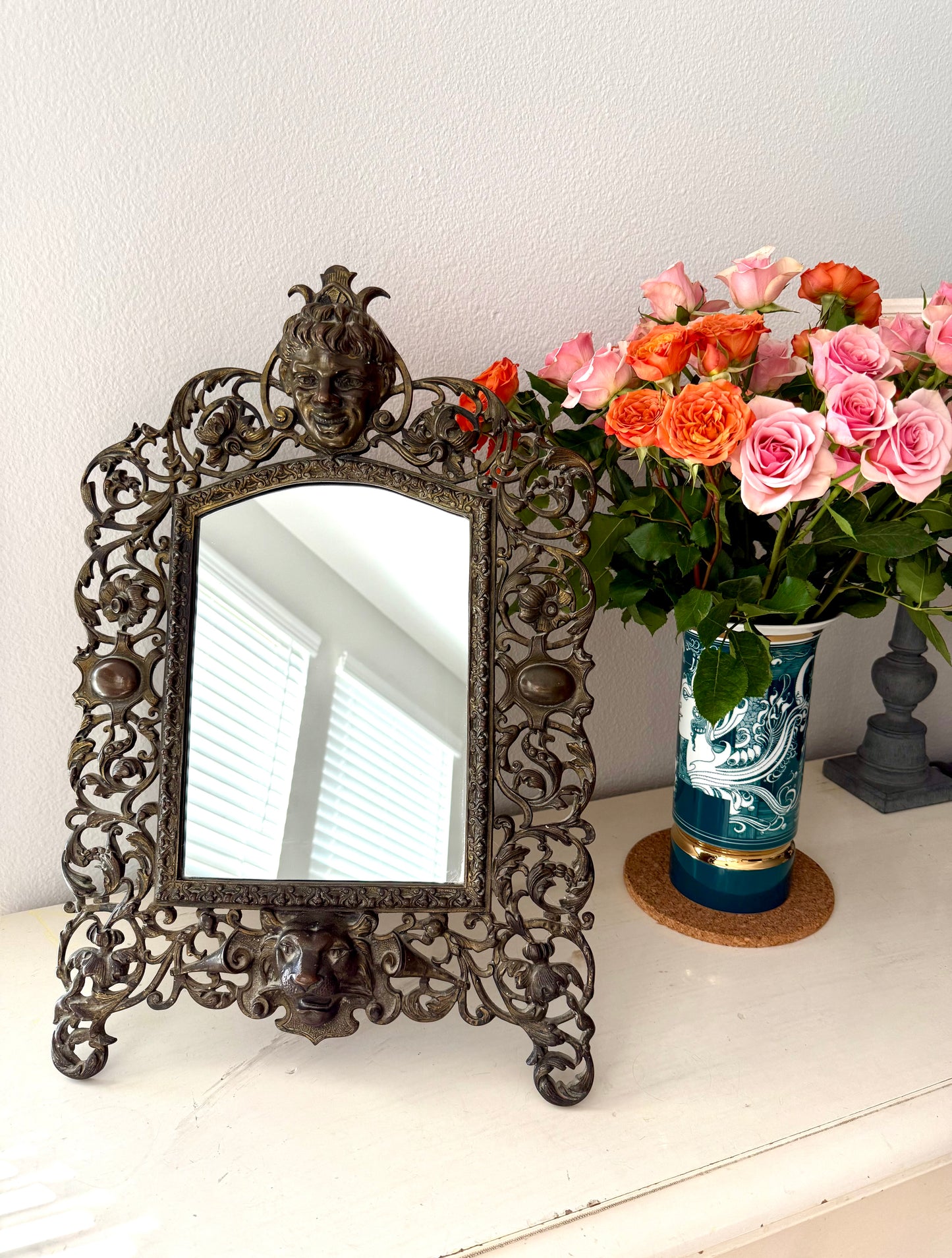 Antique Gilded Cast Iron Cherub and Lion Heads, Victorian French Style Ornate Vanity Table Mirror from Late 19th Century