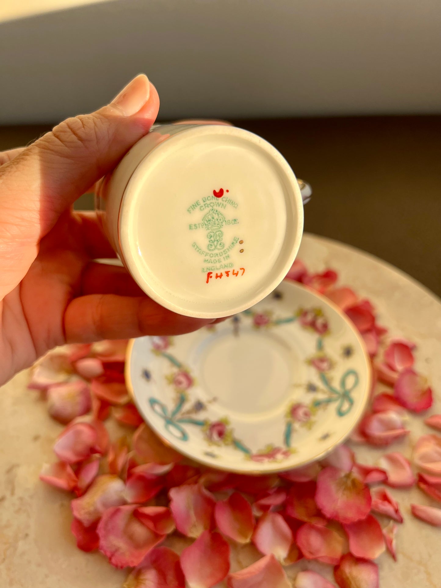 Crown Staffordshire Bright Blue Enameled Ribbon and Looped Bows Pattern Coffee Cup and Saucer from 1940-50's