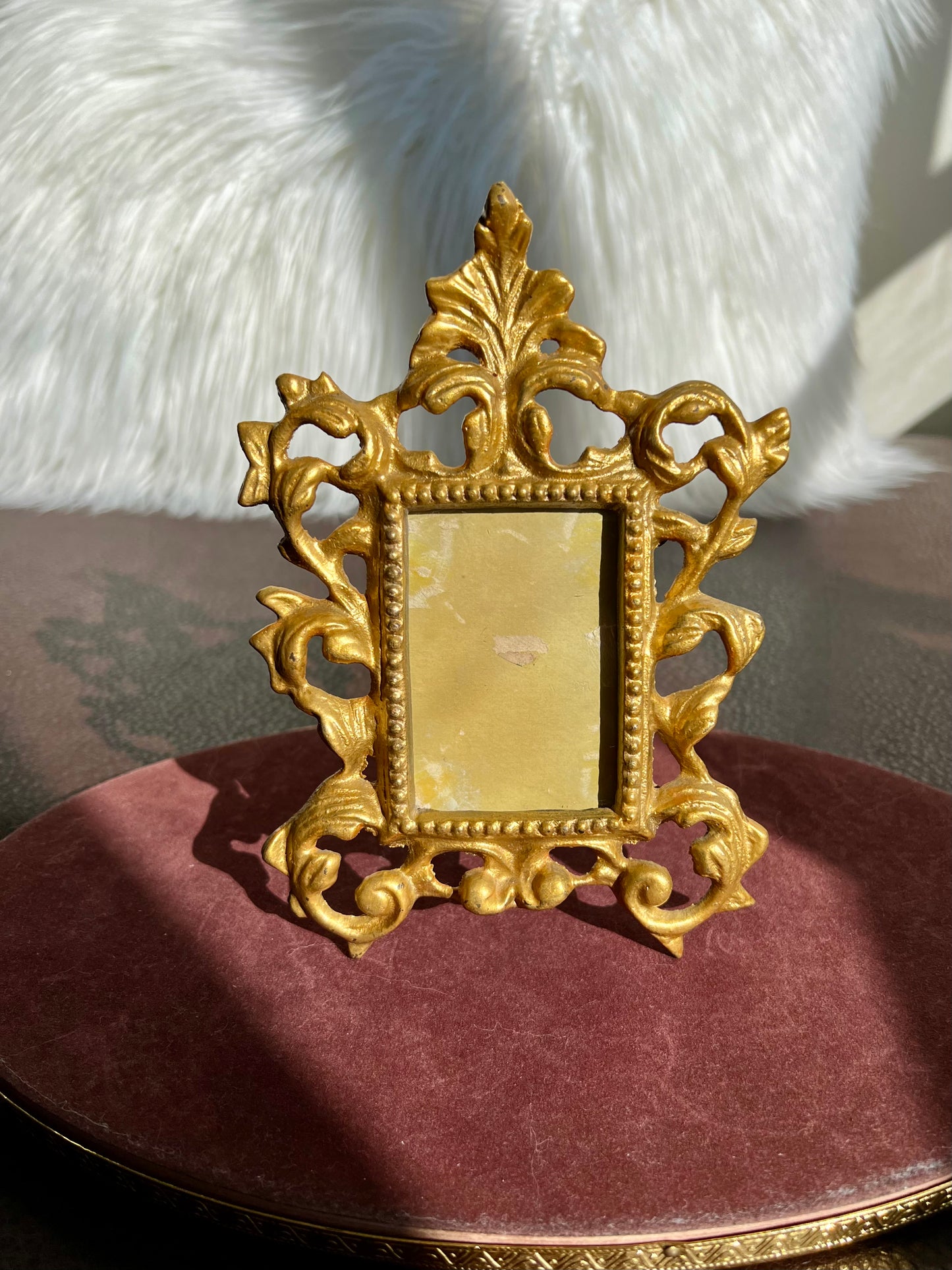 French Ornate Victorian Rococo Style Heavy Metal Brass Vintage Mini Square Picture Frame with Golden Gilt Finish (1 pc)