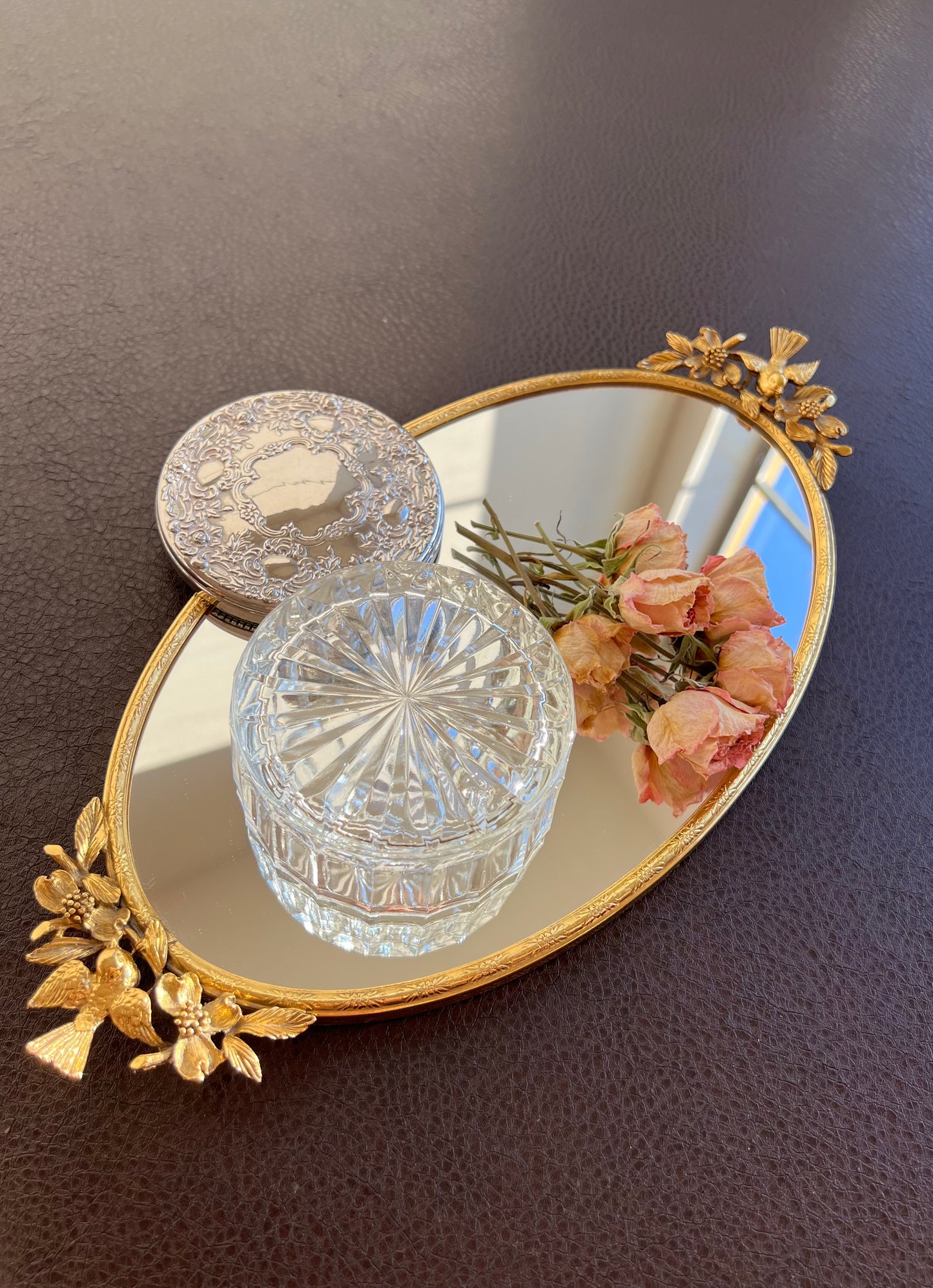 Vintage GODINGER Glass Powder Jar Ornate with Heavy Silver-plated Lid on the Top & Mirror