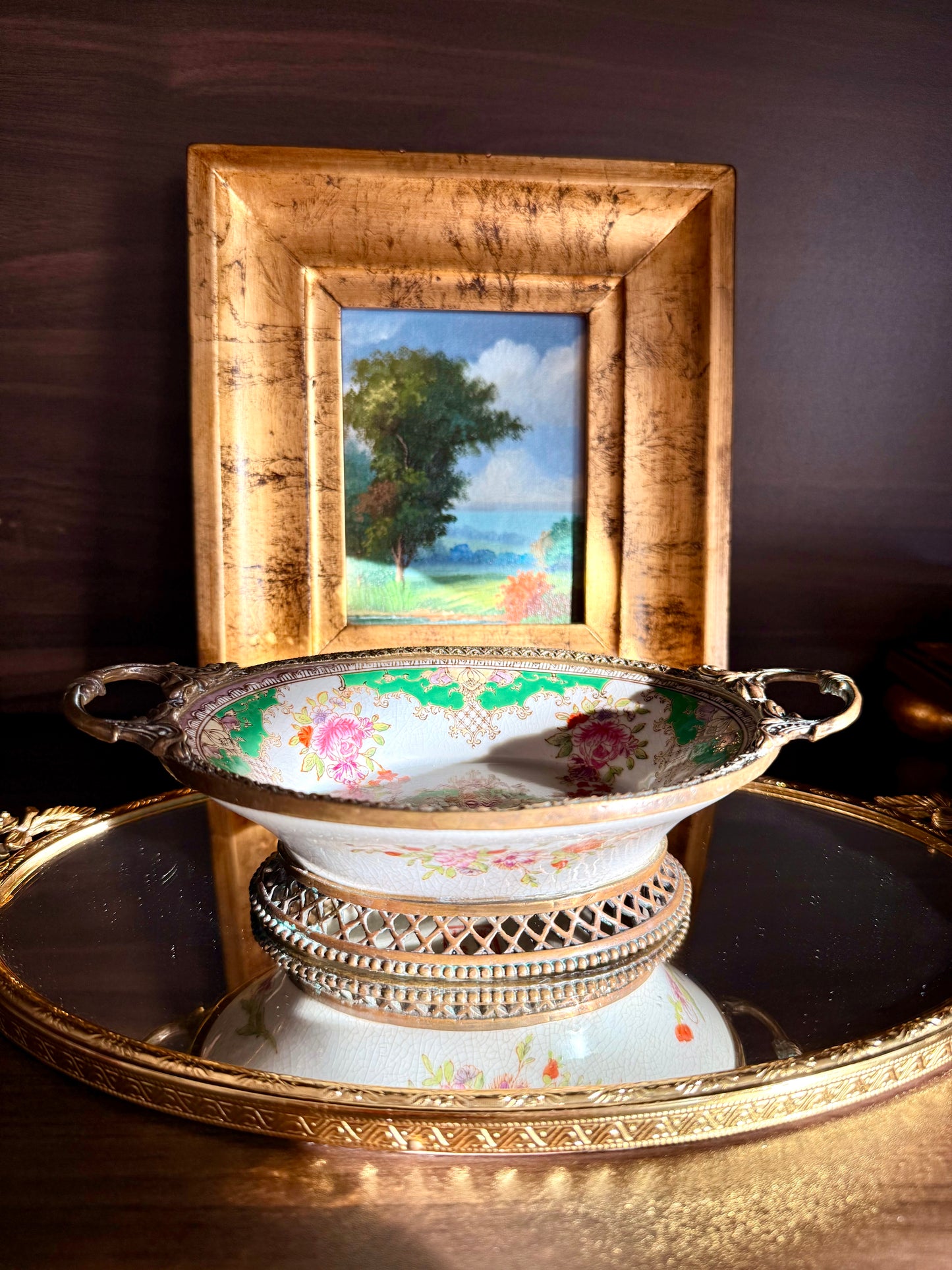 Vintage Floral Roses Motif Porcelain Oval Soap Dish with Brass Feet and Twin Handles