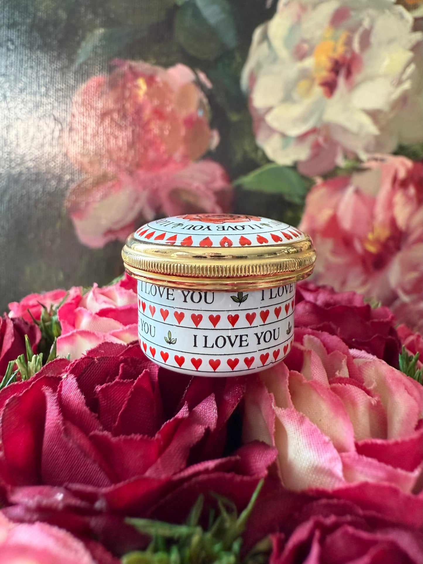 Halcyon Days Mini Enamels “I Love You” Rose Flower Hearts Leaves Trinket or Jewelry/ Pill box