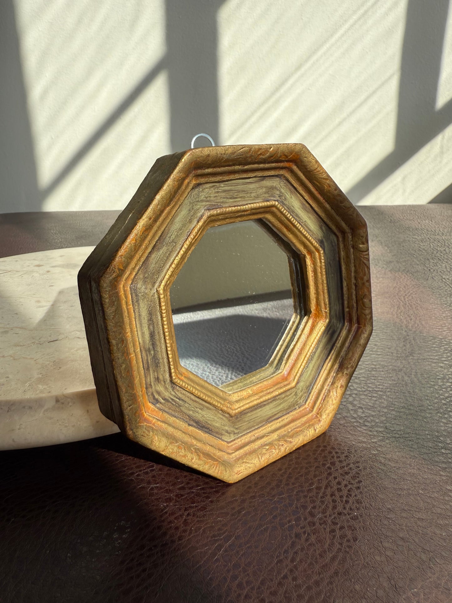 Italian Florentine Gold gilded Wooden Framed Mini Octagon Vintage Wall Mirror