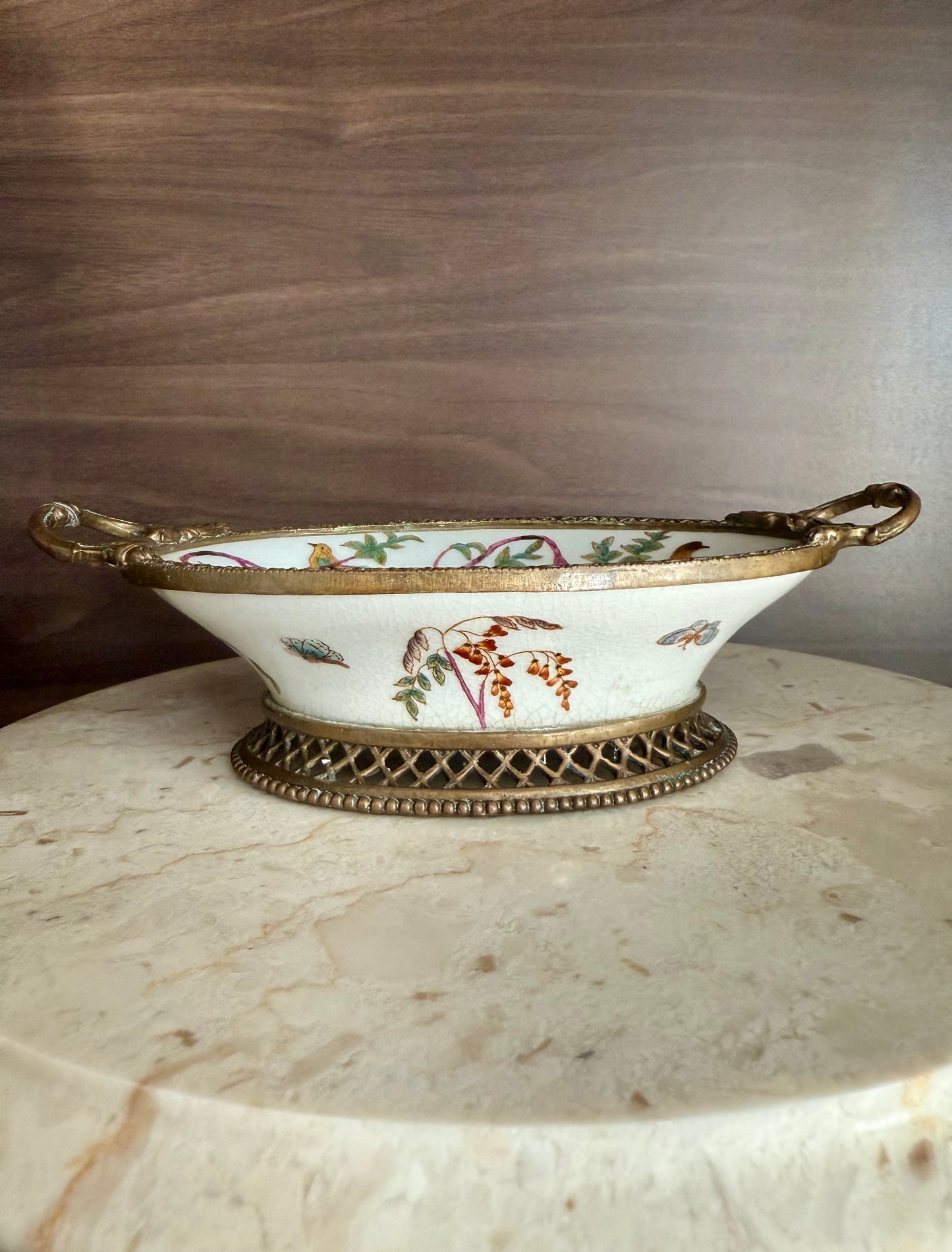 Beautiful Vintage Oval Soap Dish with Brass Feet and Handles with Floral and Bird Motif