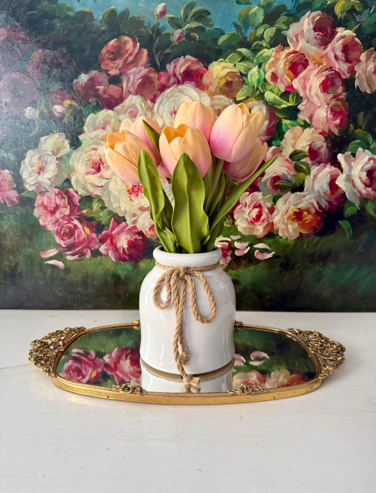Matson Hollywood Regency Vintage Ornate 24K Gold Gilt Vanity Perfume Mirror Tray with Roses Motifs