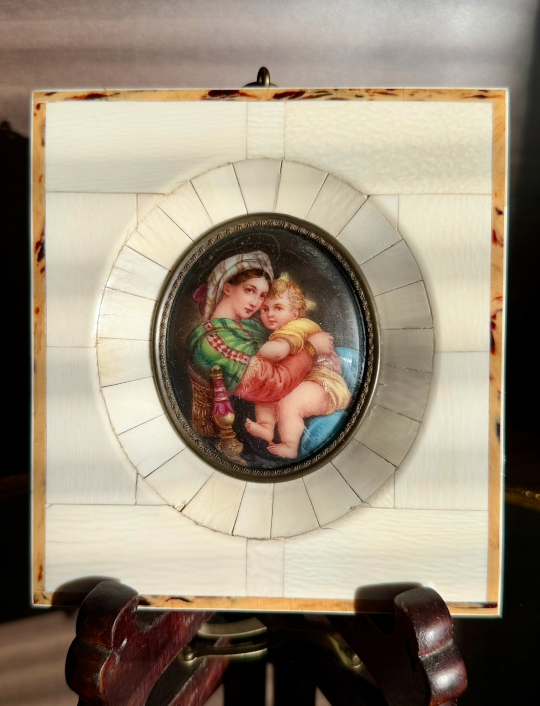 Antique Italian Miniature Porcelain Plaque Hand-painted Madonna and Child in Bone Frame