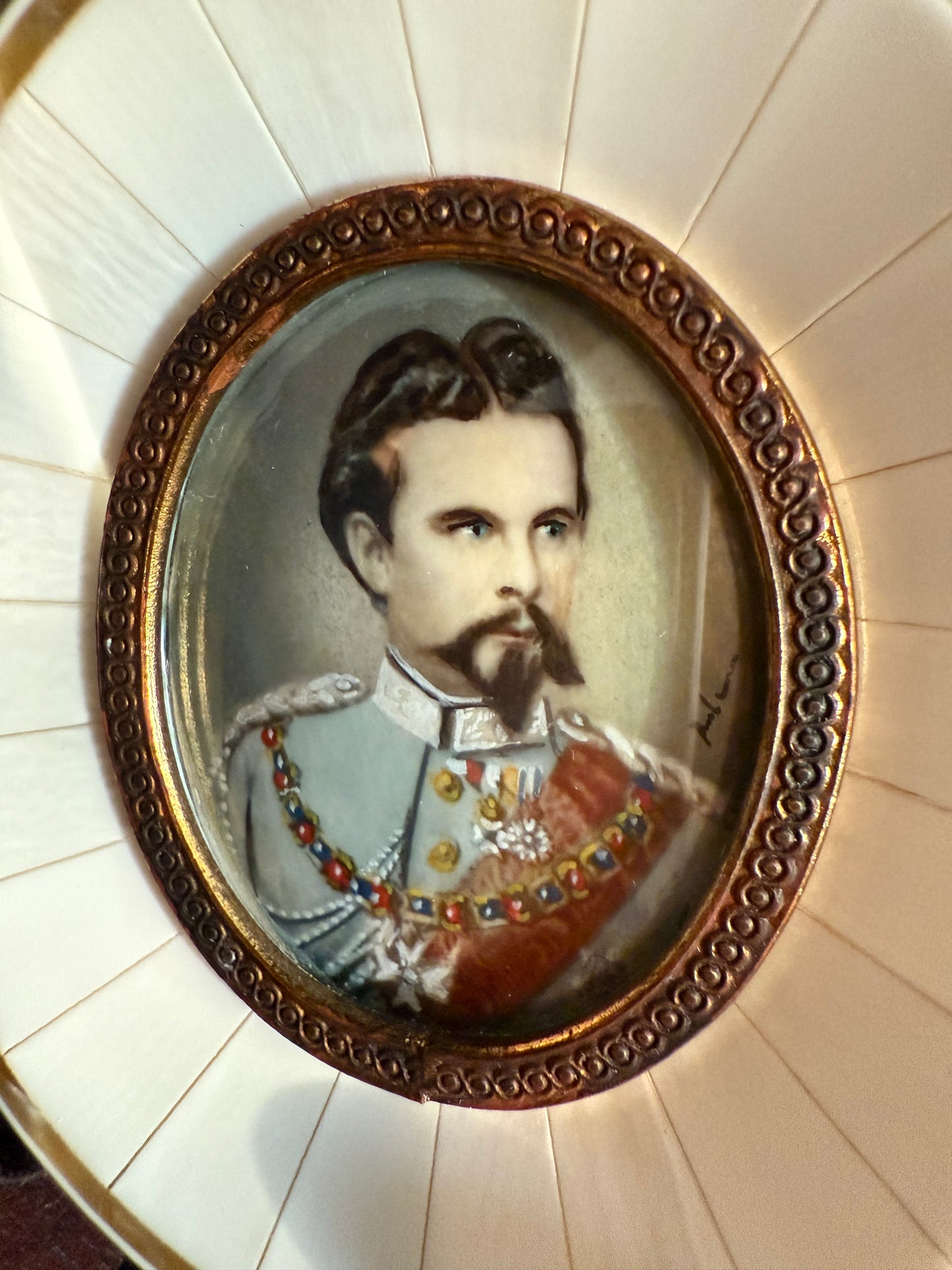 19th-century Antique Miniature Painting Portrait of King Ludwig II of Bavaria with Mother-of-Pearl Frame