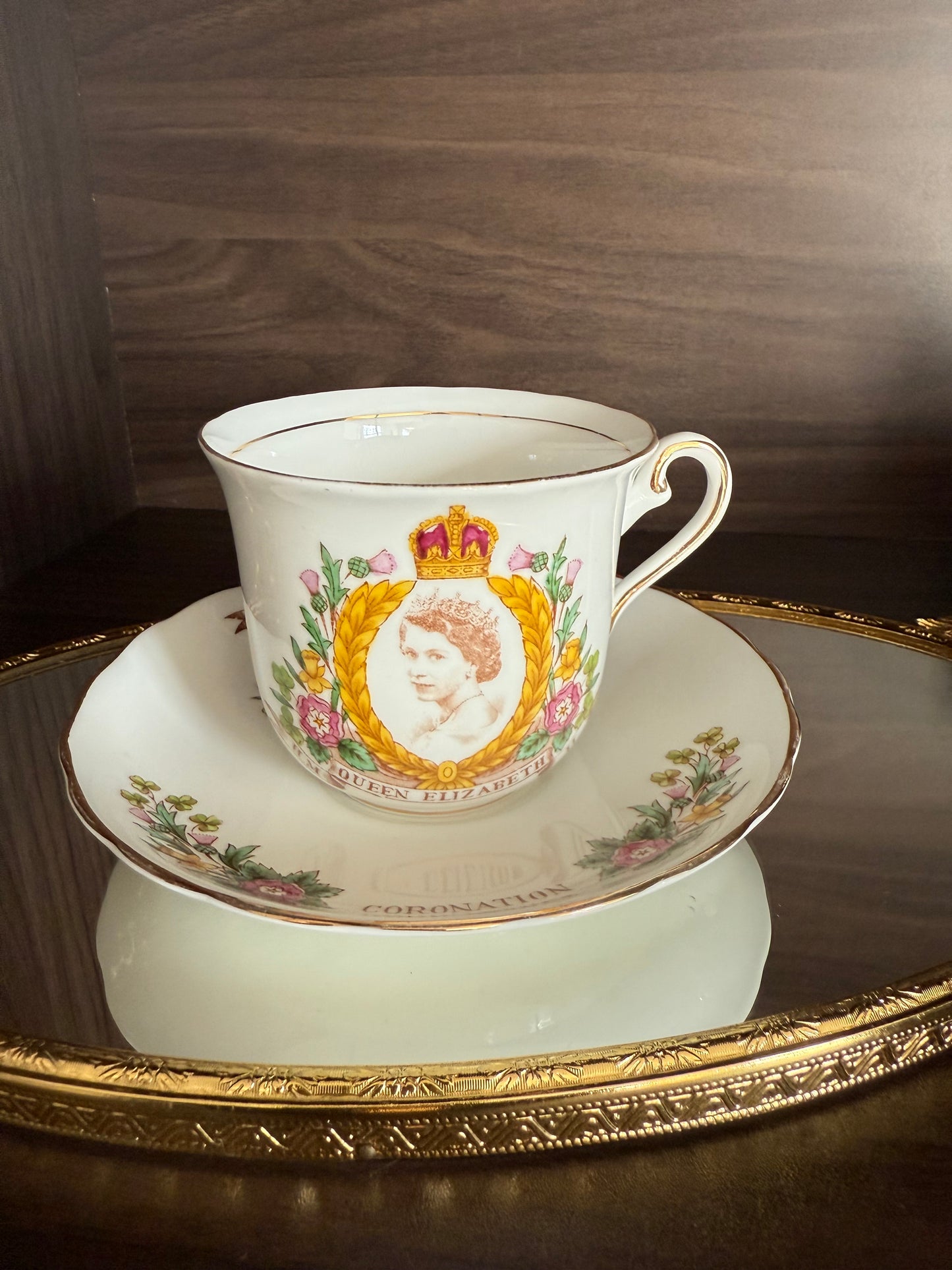 Coronation 1953 H.M. Queen Elizabeth Vintage Tuscan Bone China Roses Tea cup and Saucer, Numbered
